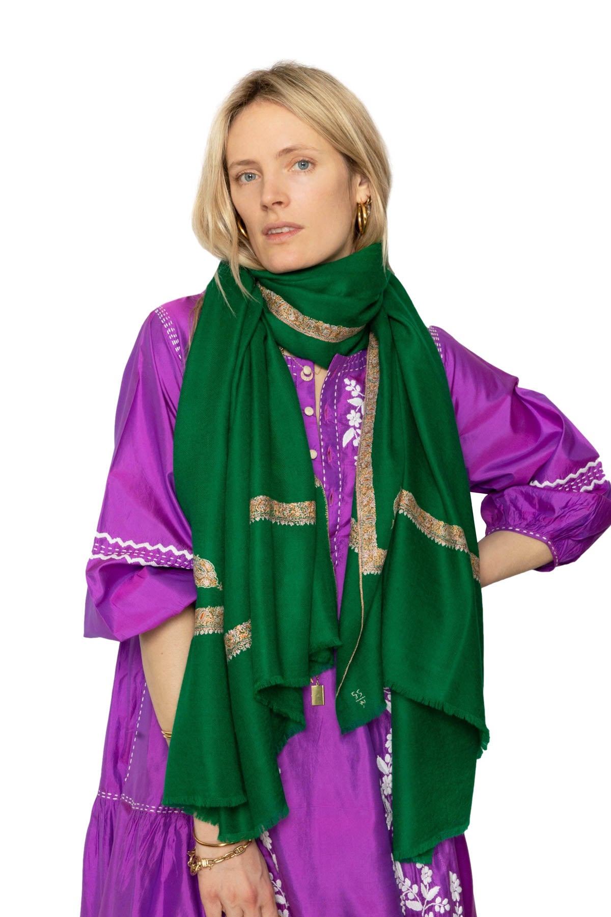 Border Embroidered Cashmere Pashmina Shawl- Emerald Green