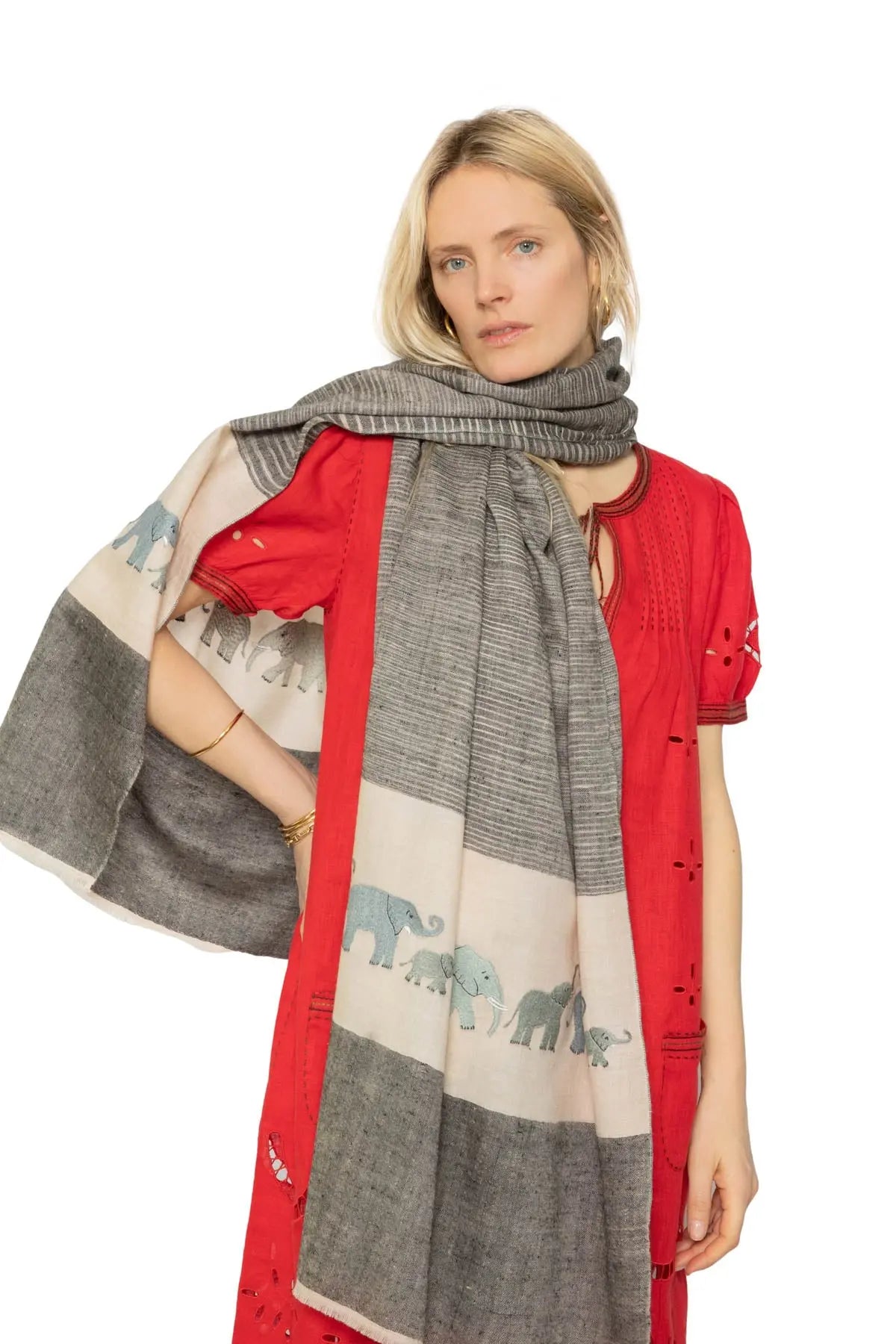 Elephant Embroidered Pashmina - Grey, White & Blue Debonnaire