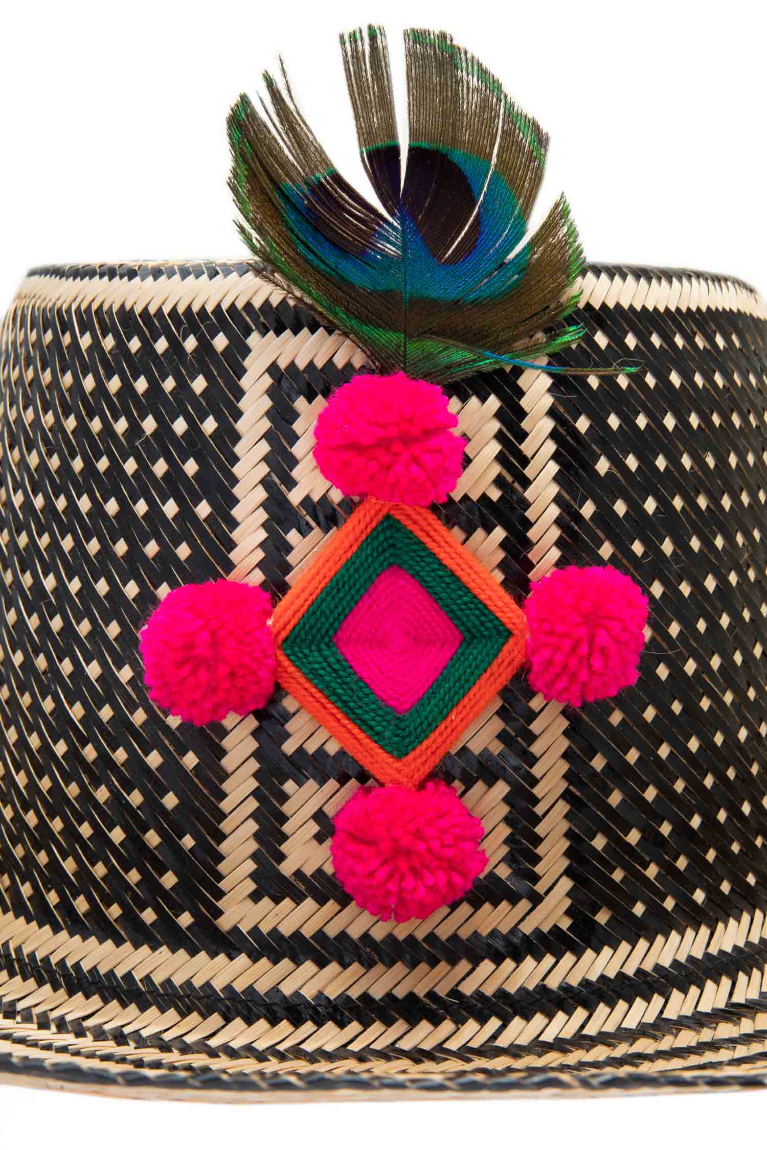 Straw Hat - Peacock Feather & Pink PomPoms Yosuzi