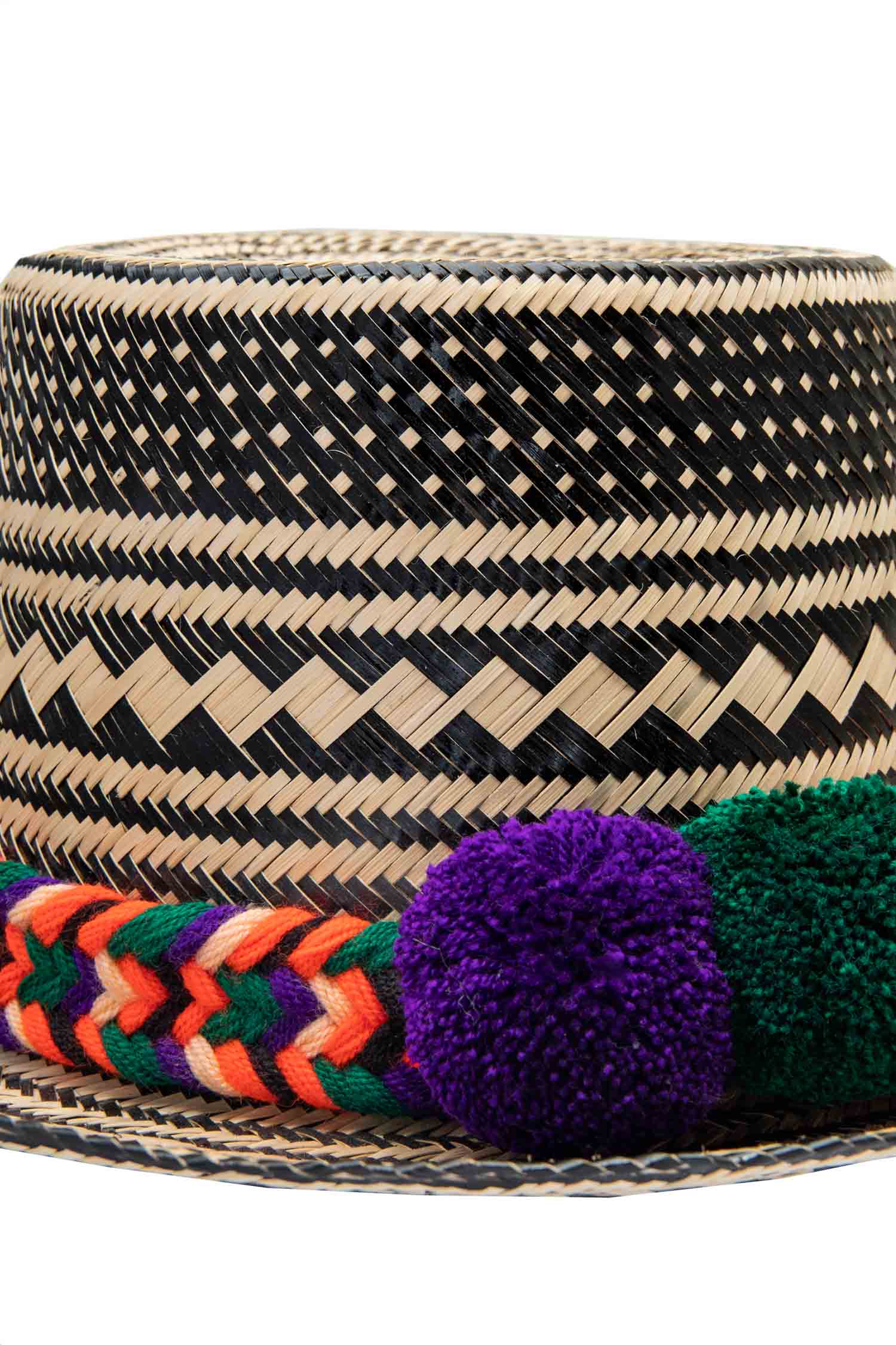 Straw Hat - Purple, Green & Peach PomPoms Yosuzi