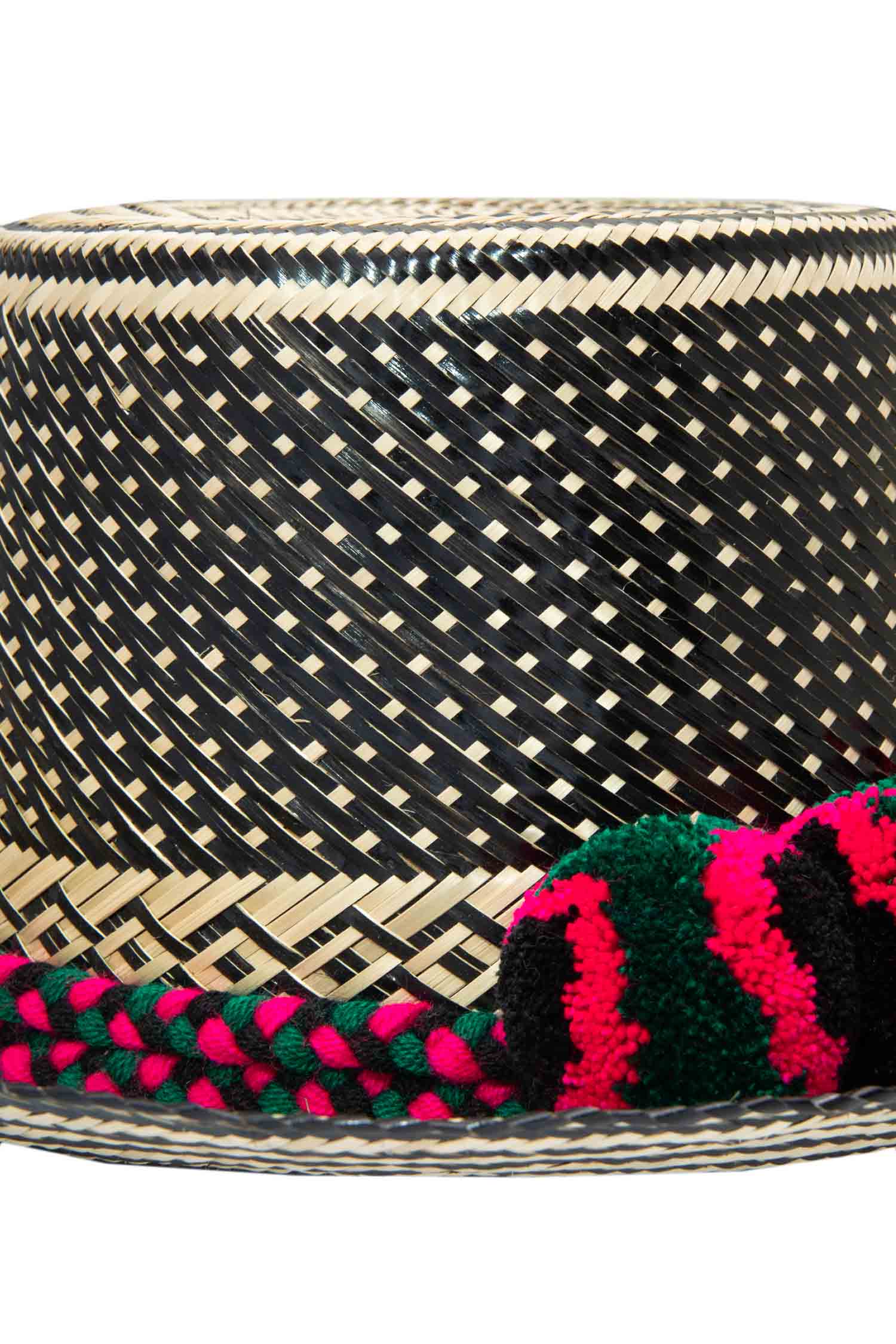 Straw Hat - Dark Green & Pink PomPoms Yosuzi