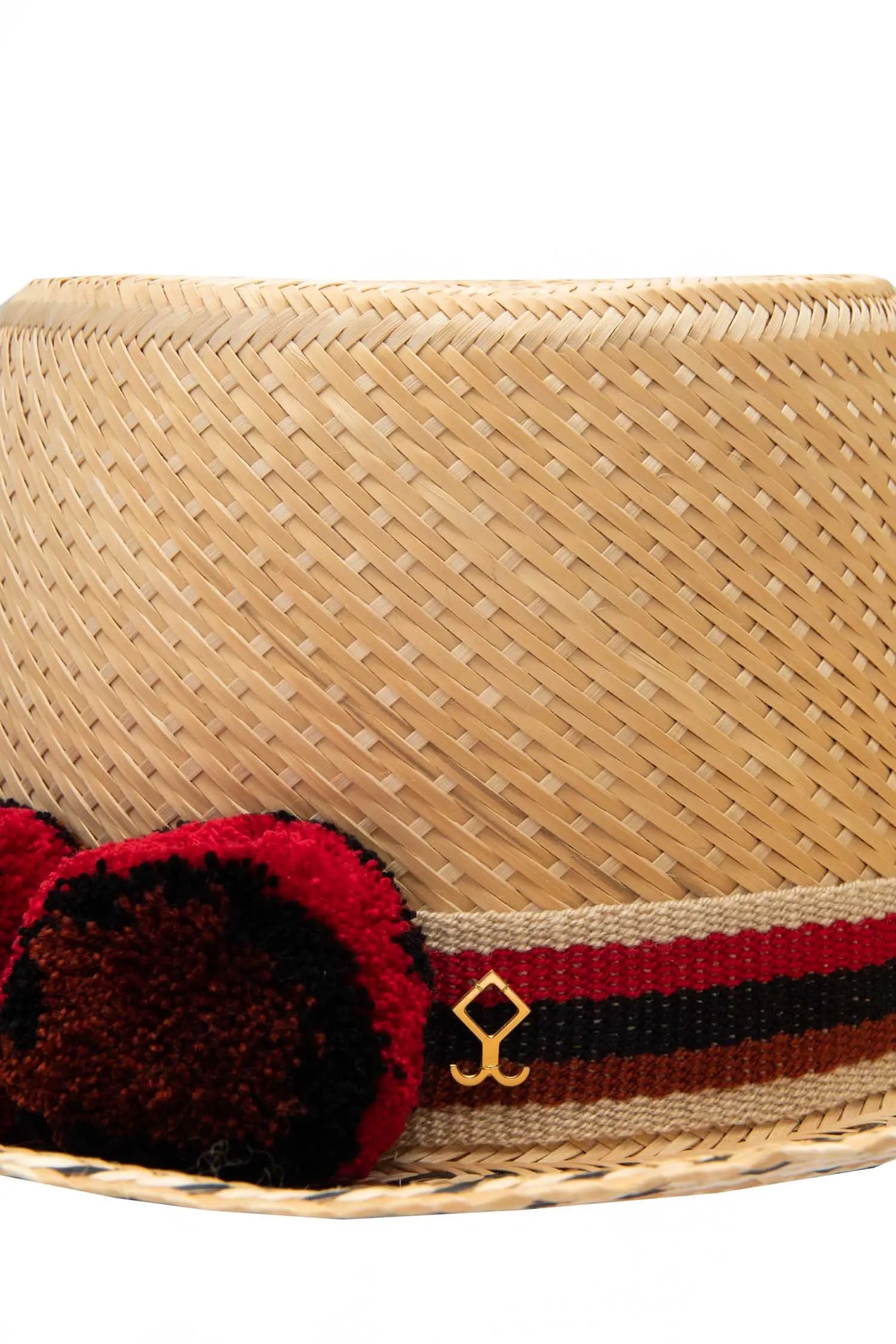 Sirena Straw Hat - Red & Black Pom Poms Yosuzi