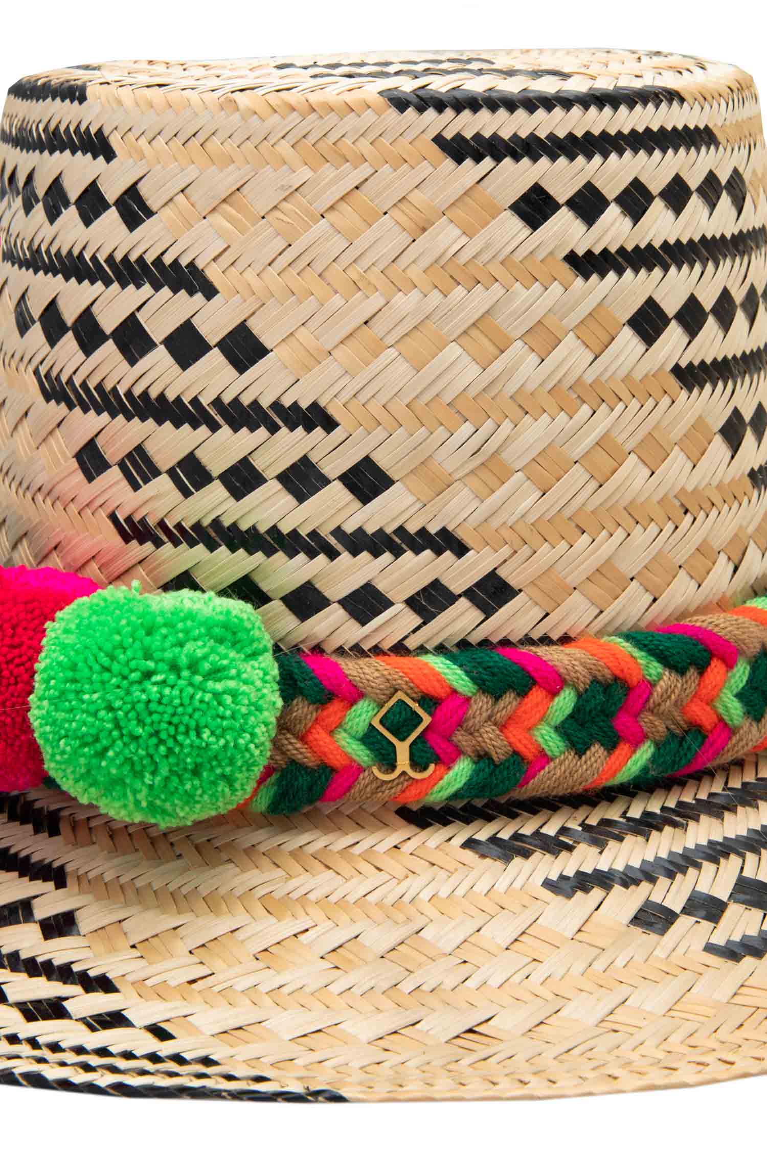 Straw Hat - Green & Pink Rope & PomPoms