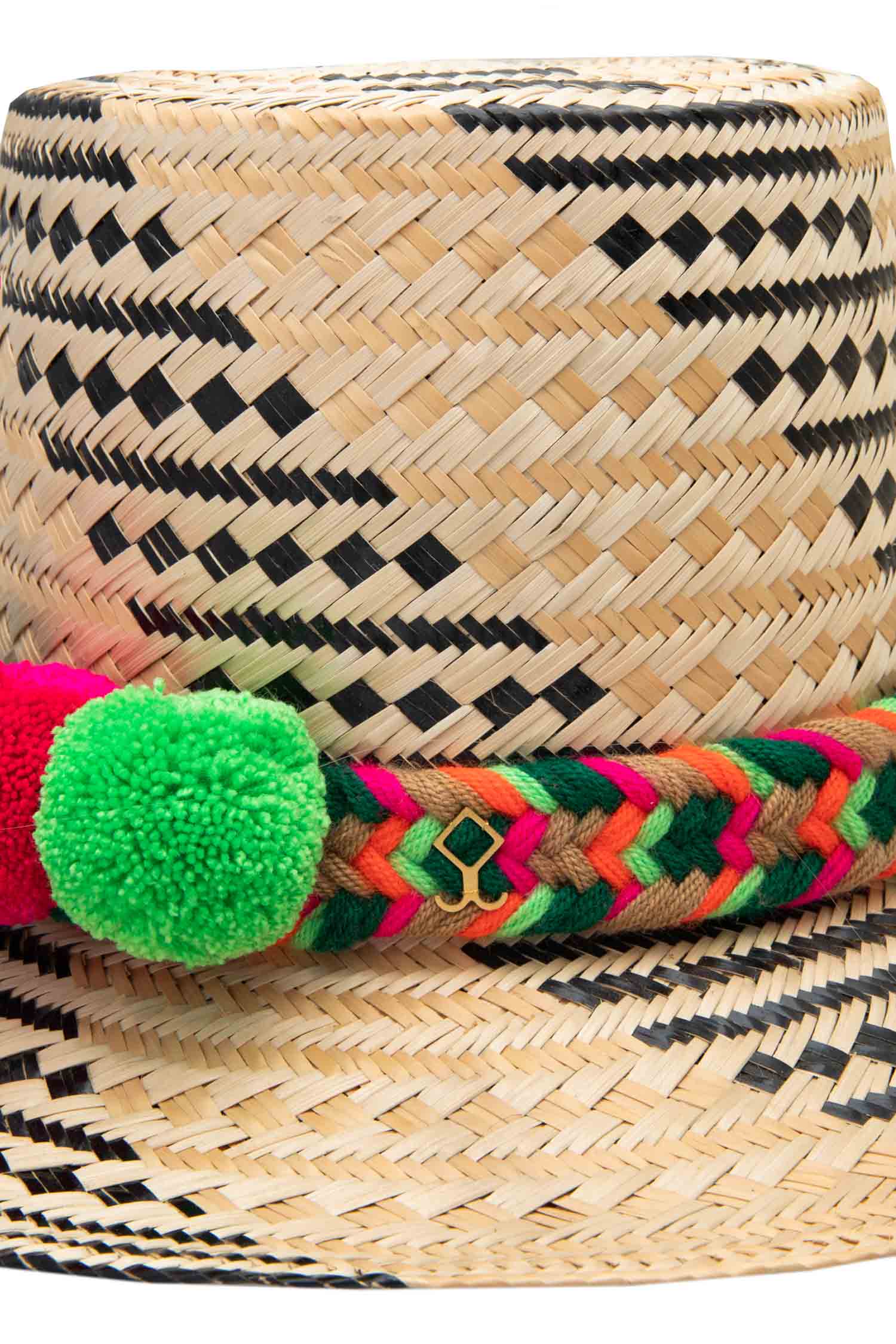 Straw Hat - Green & Pink Rope & PomPoms Yosuzi