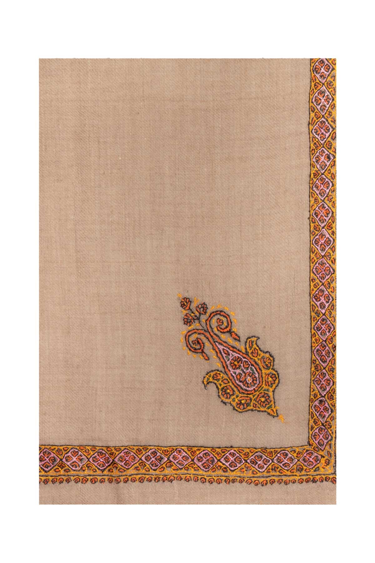 Border Embroidered Cashmere Pashmina Shawl - Taupe & Orange