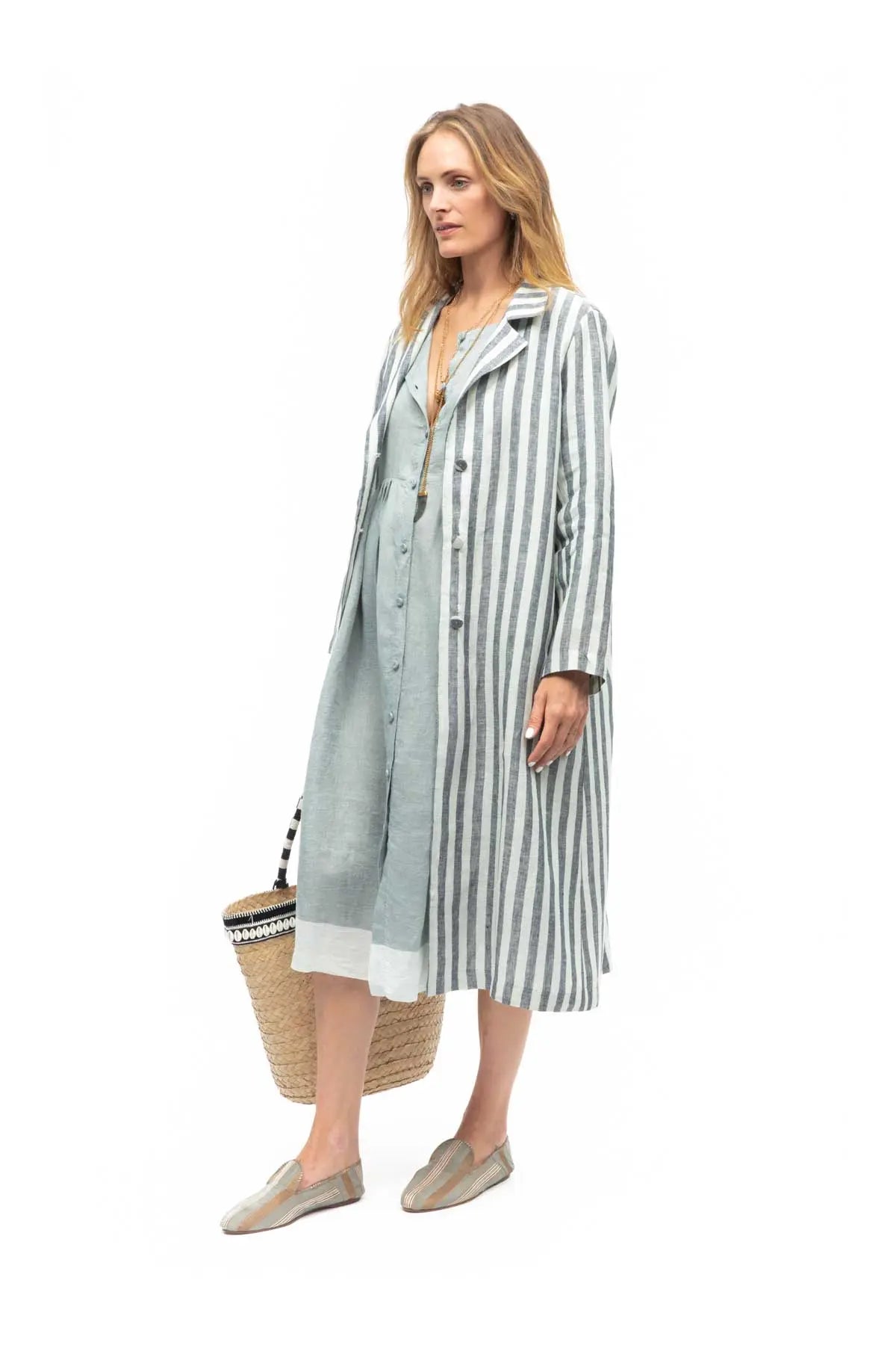 Monaco Stripe Linen Coat - Teal Eka