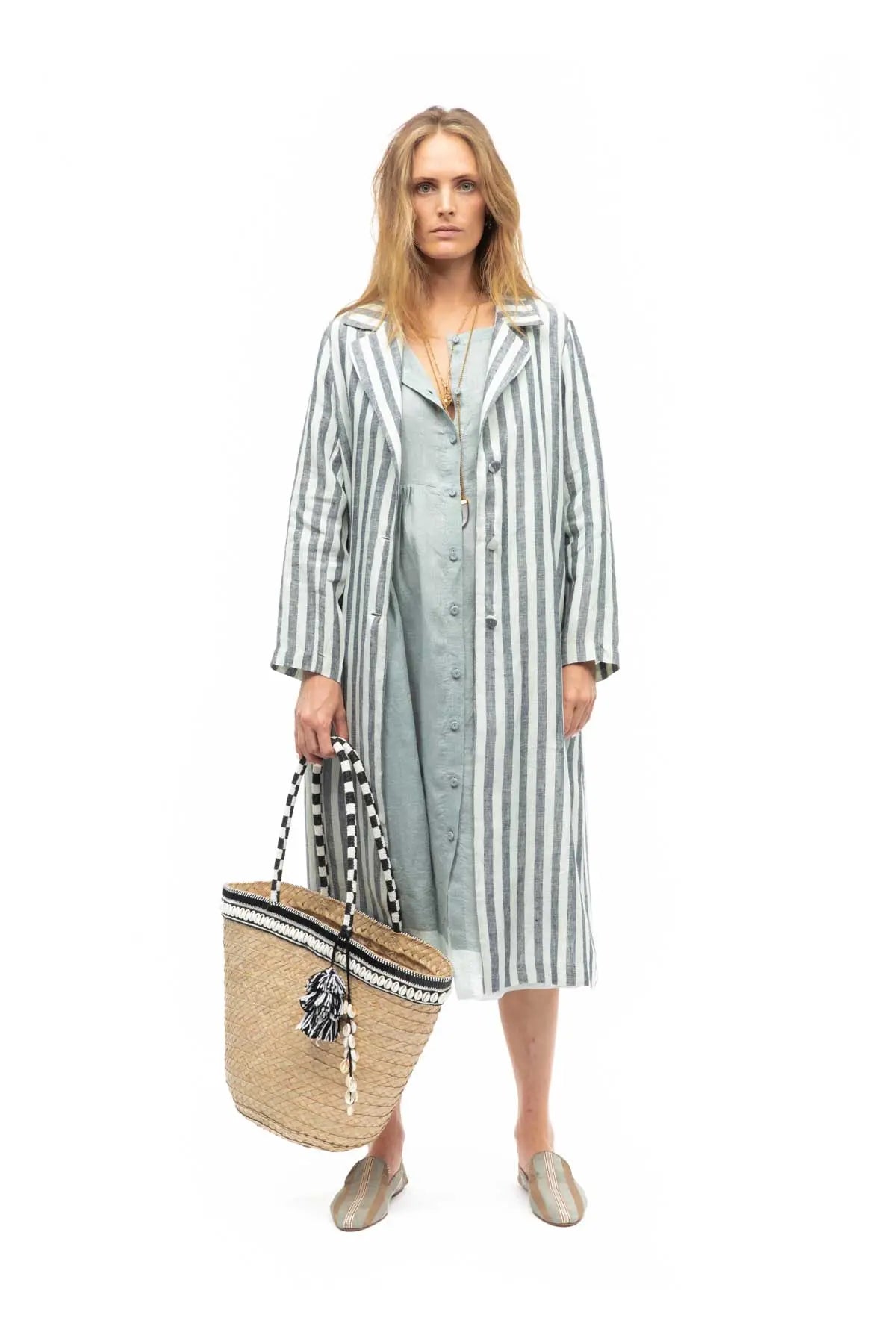 Monaco Stripe Linen Coat - Teal Eka
