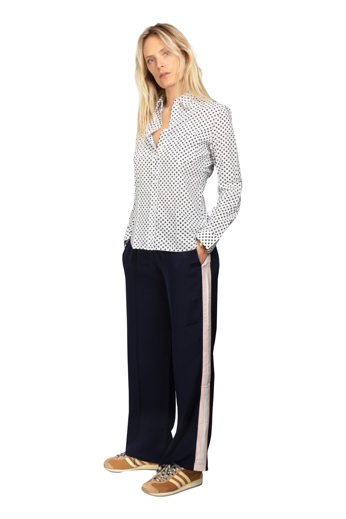 Classic Silk Joggers - Navy With Pink & White Stripe