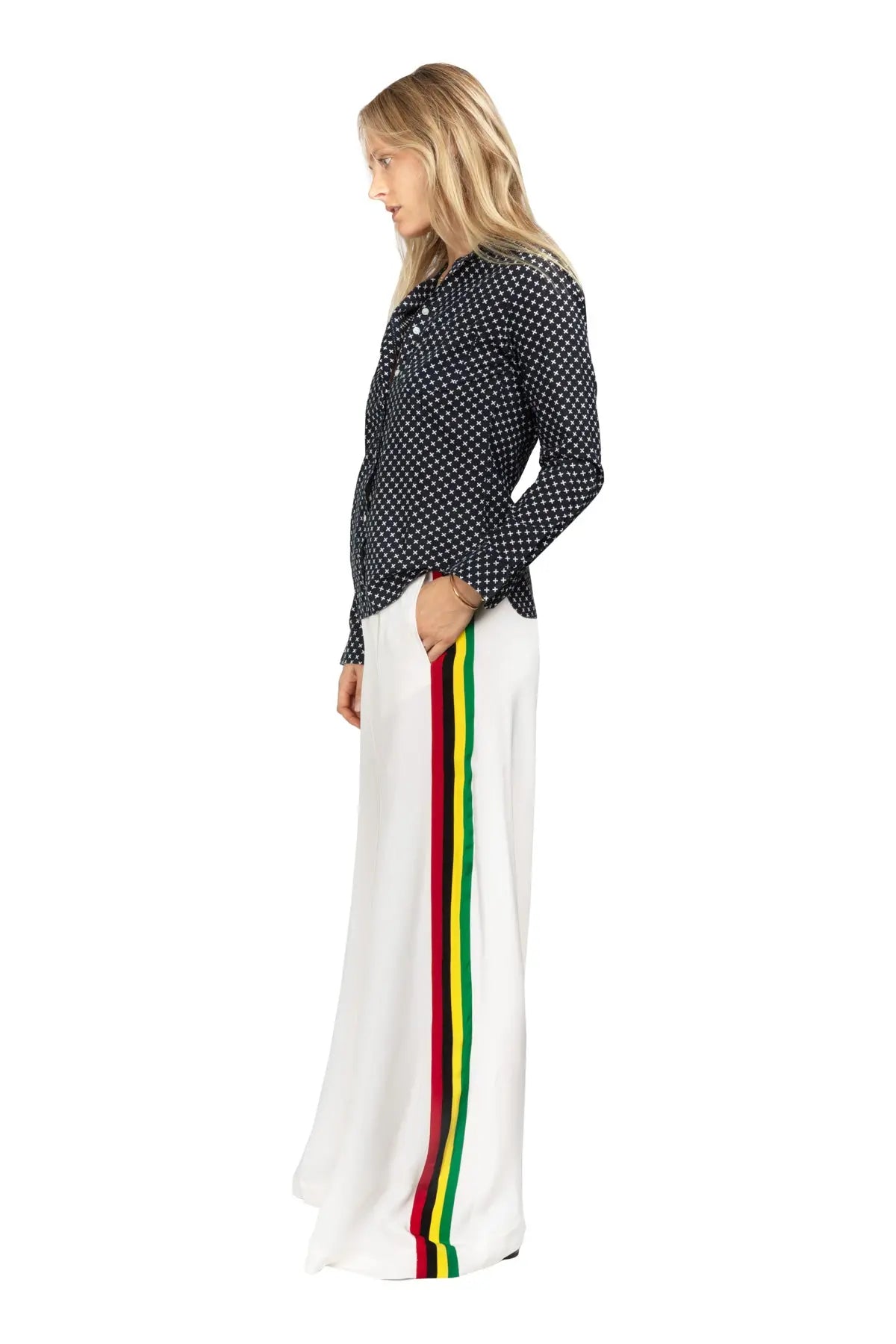 Extra Wide Silk Joggers - White With Rasta Stripes Serena Bute