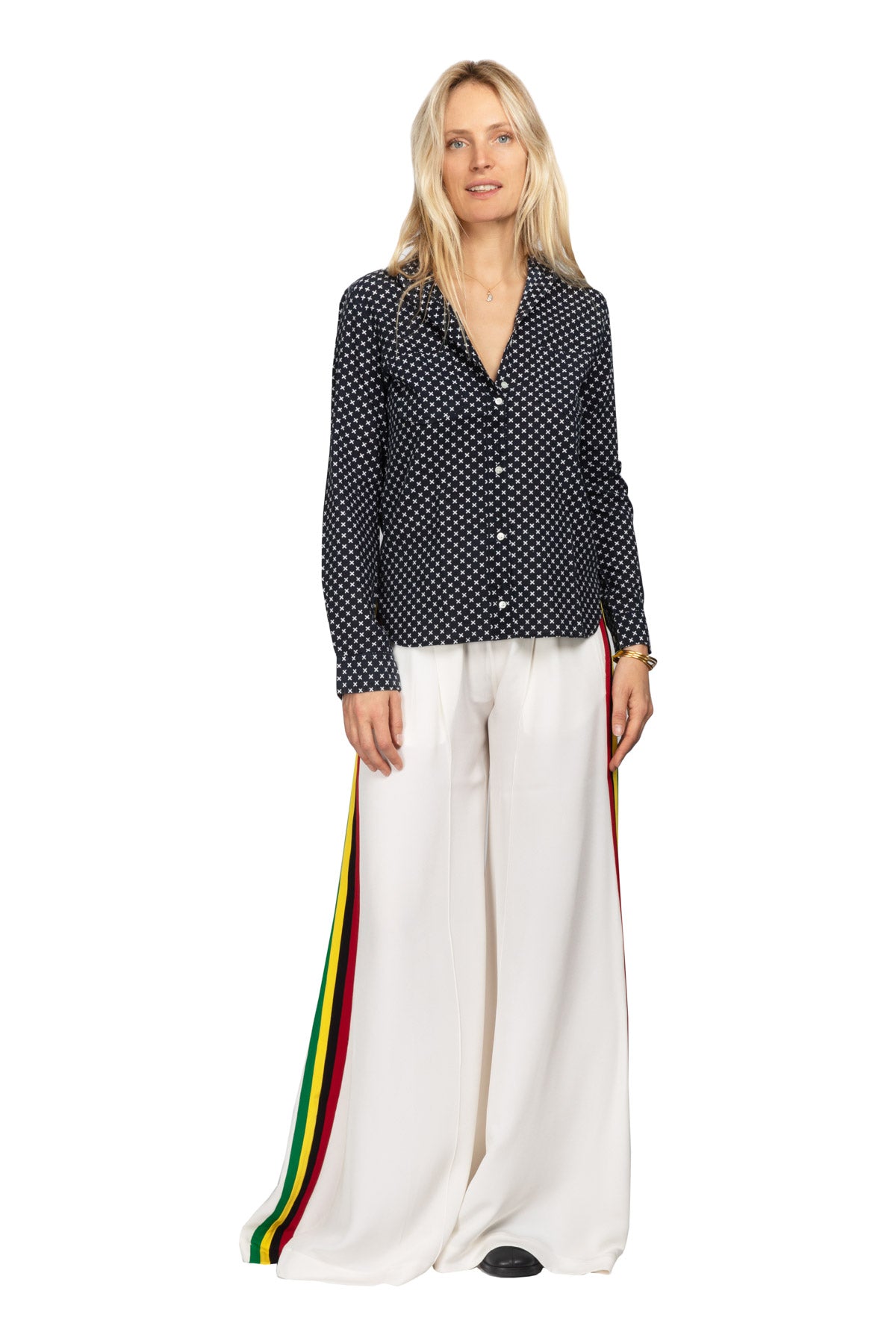Extra Wide Silk Joggers - White With Rasta Stripes