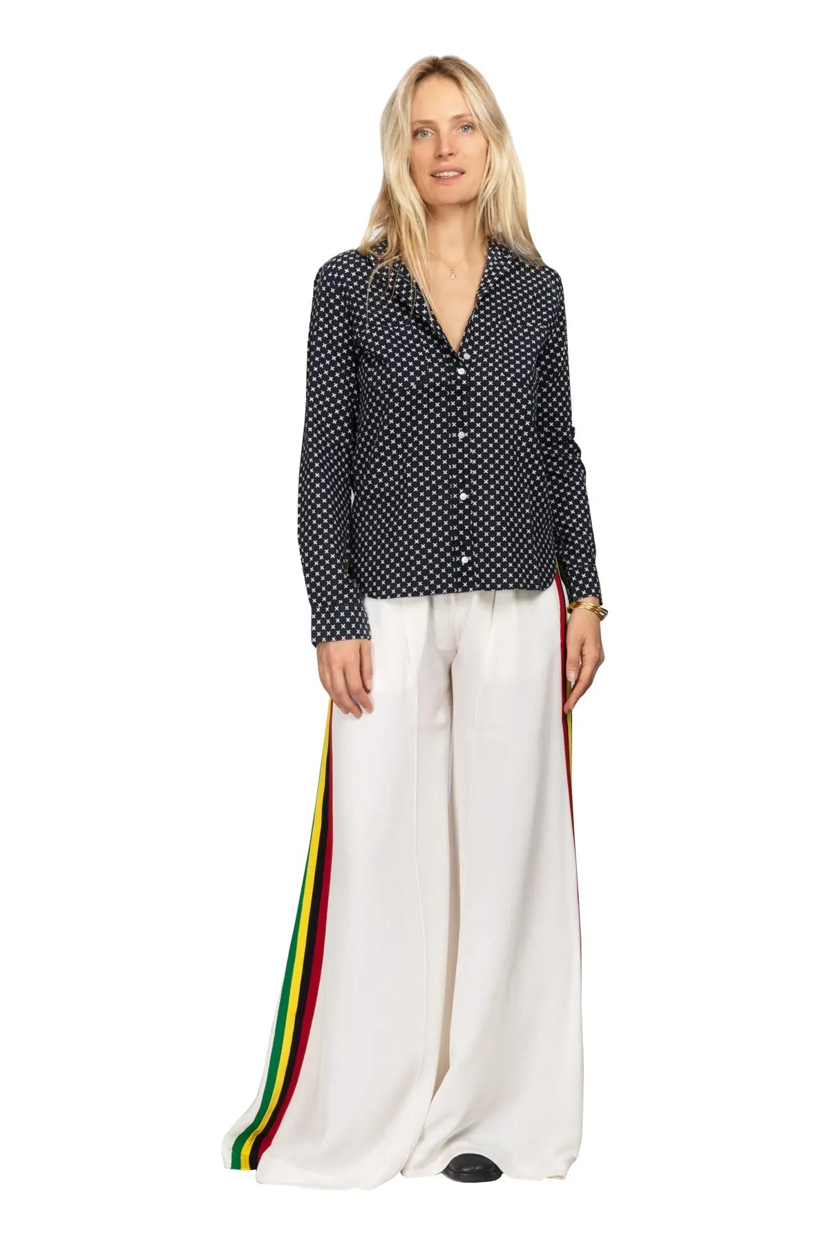 Extra Wide Silk Joggers - White With Rasta Stripes Serena Bute