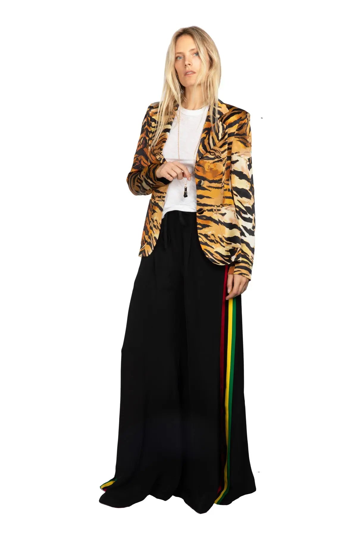 Extra Wide Silk Joggers - Black With Rasta Stripes Serena Bute