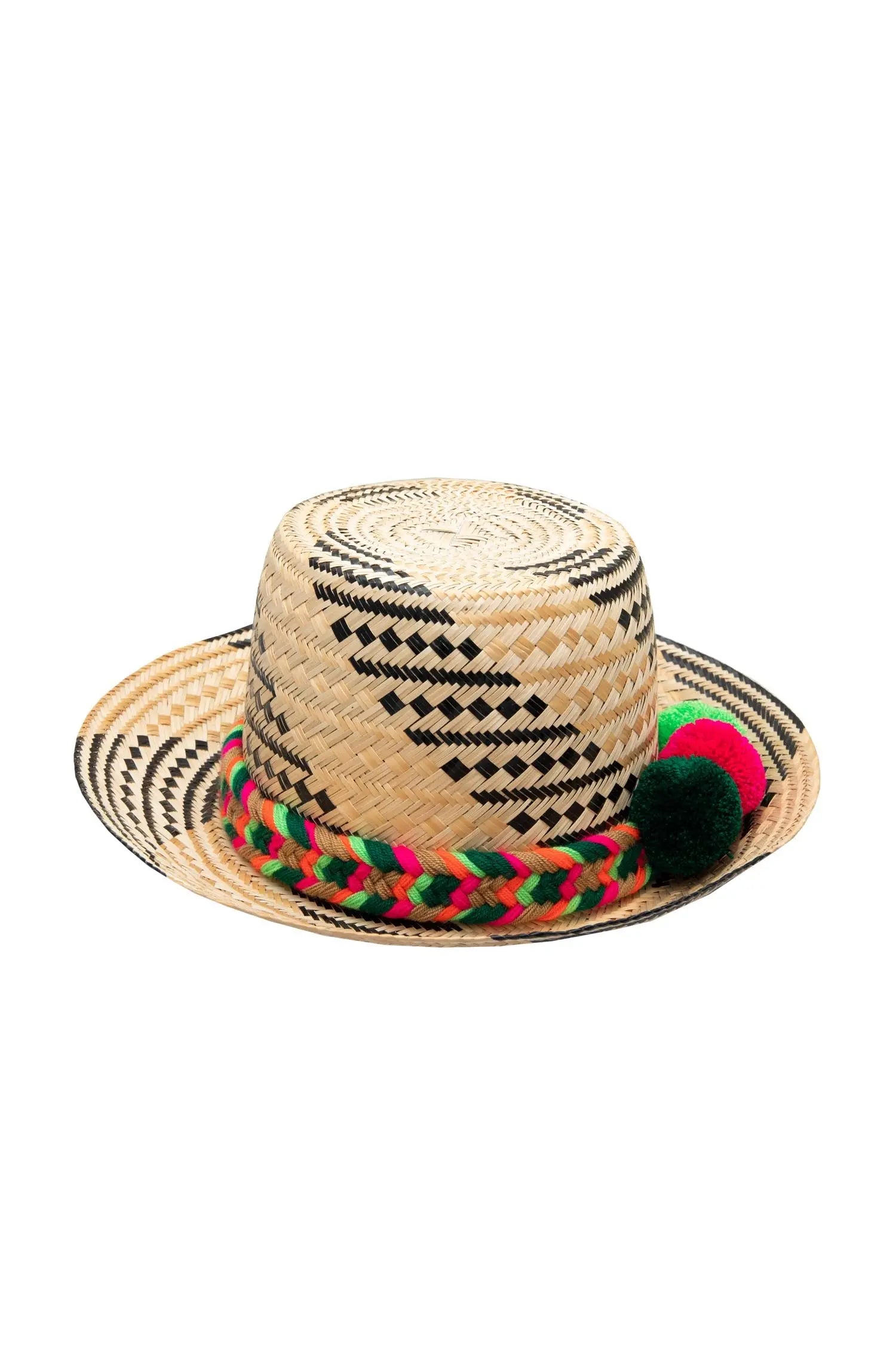 Straw Hat - Green & Pink Rope & PomPoms Yosuzi