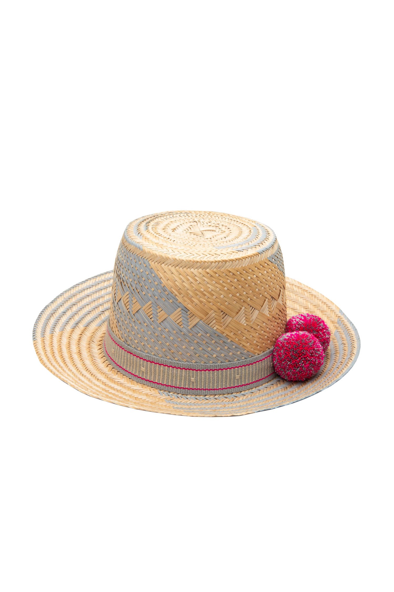 Straw Hat - Grey with Pink PomPoms