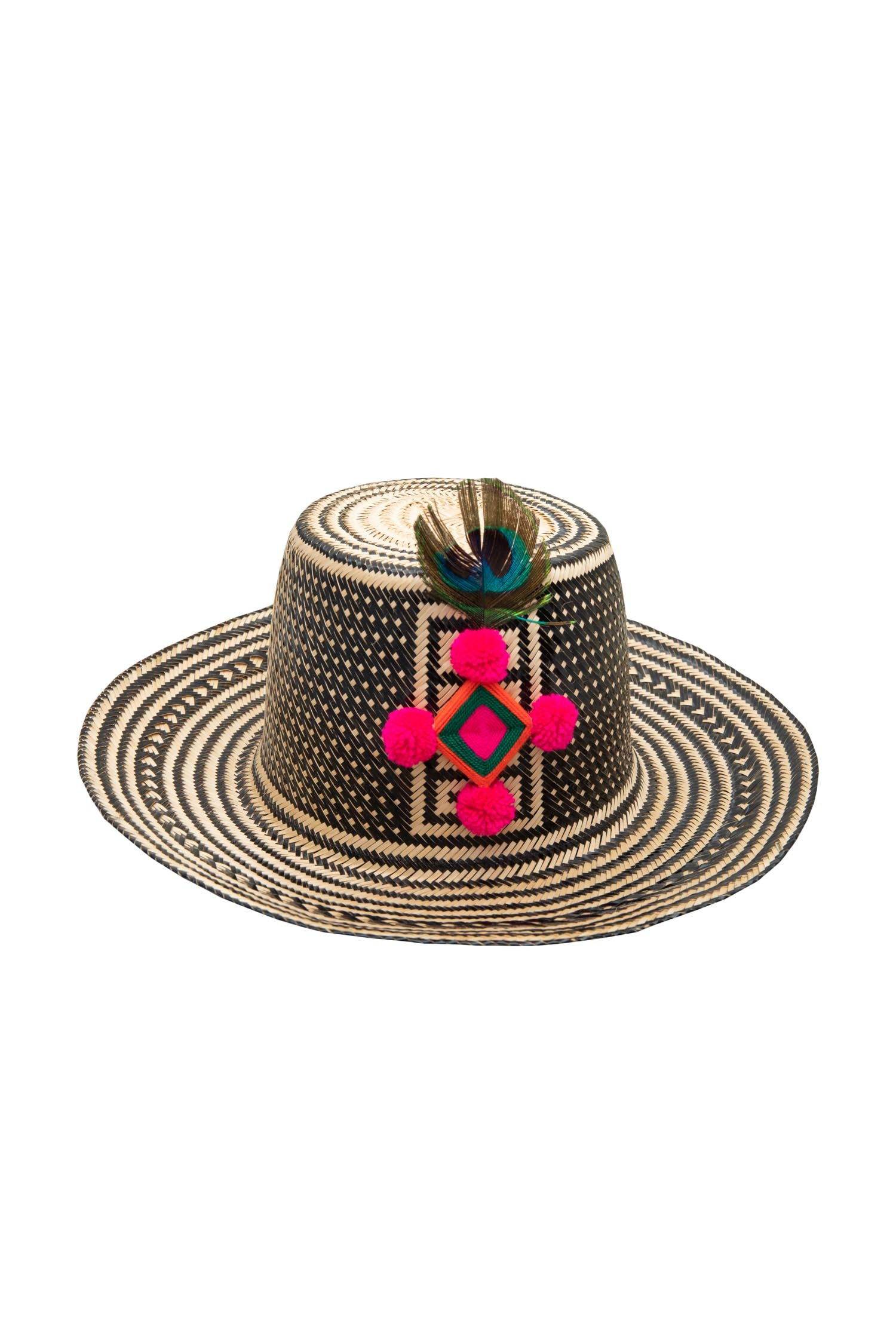 Straw Hat - Peacock Feather & Pink PomPoms