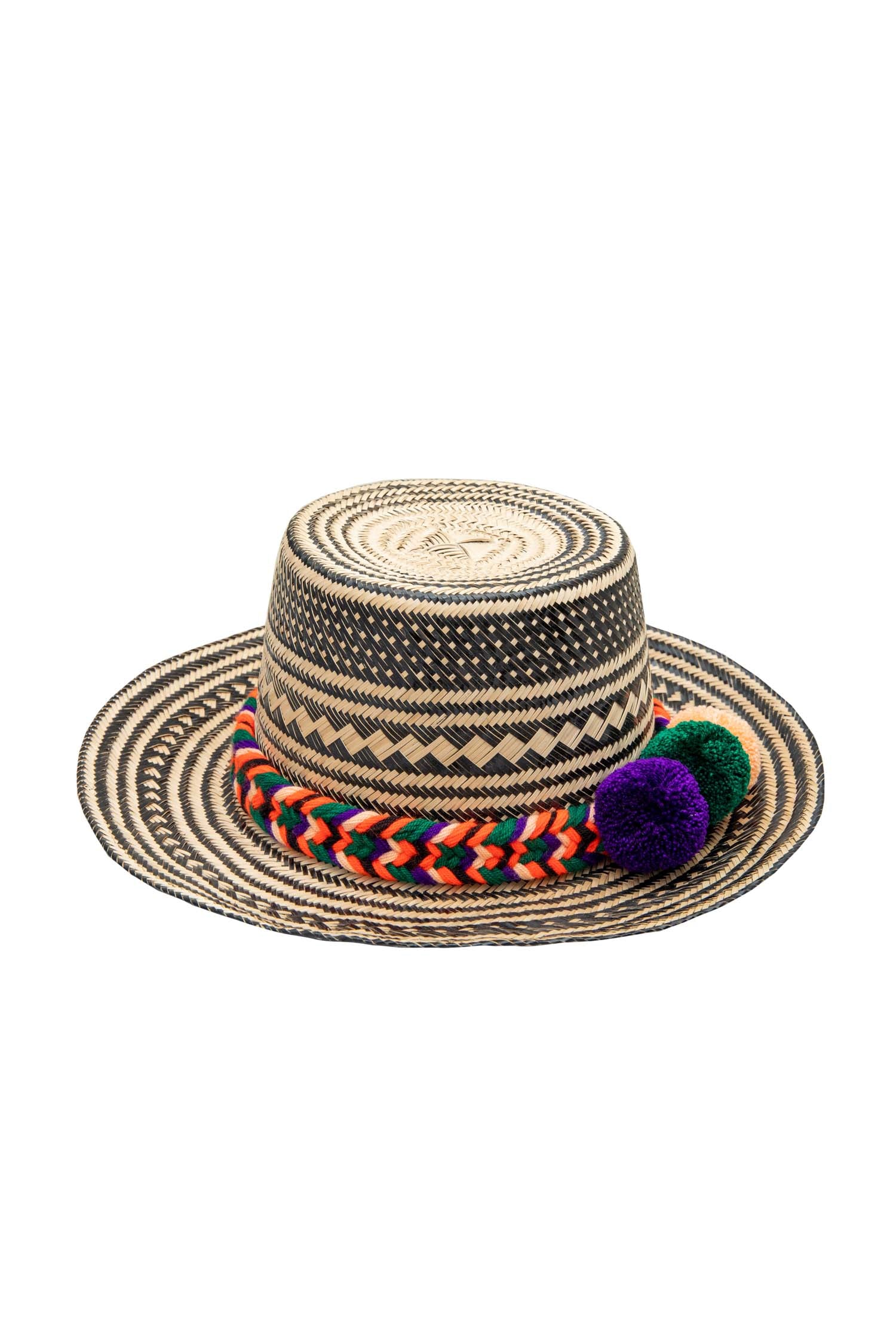 Straw Hat - Purple, Green & Peach PomPoms