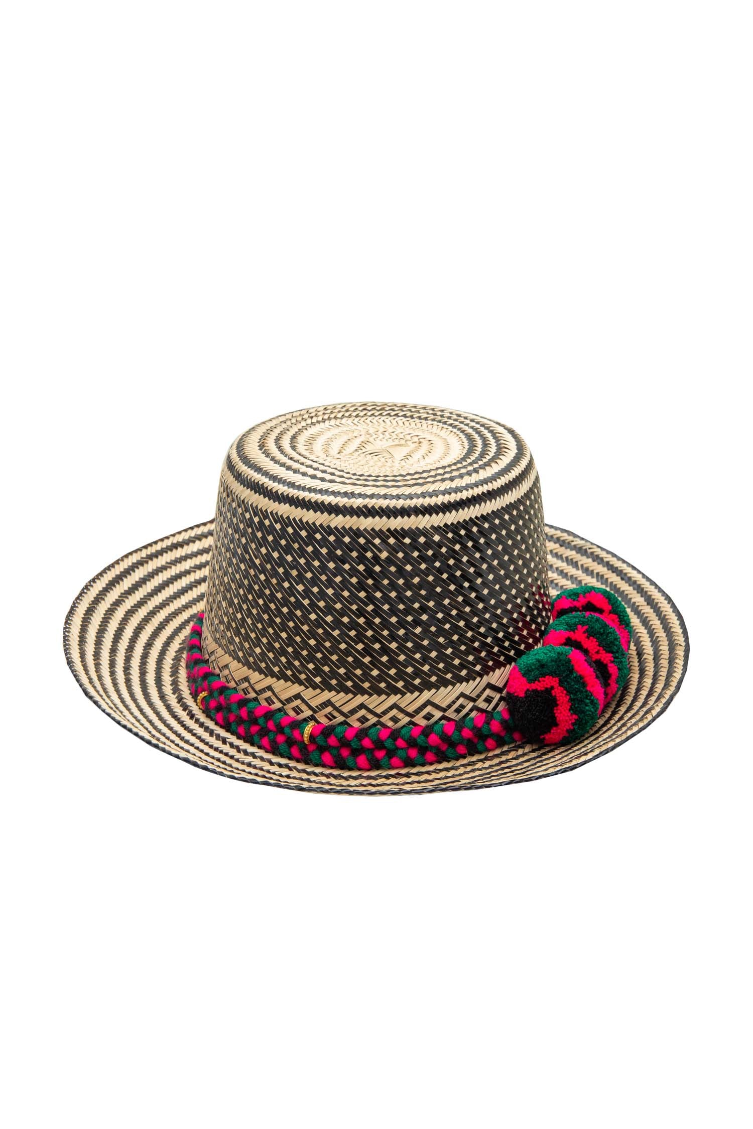 Straw Hat - Dark Green & Pink PomPoms