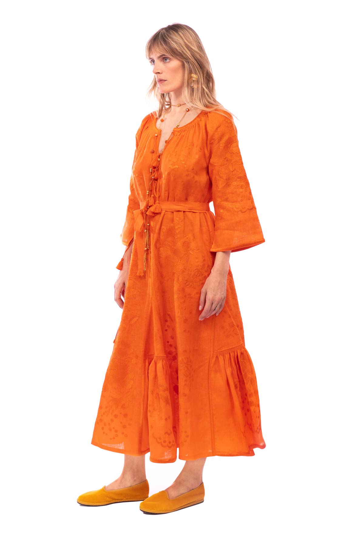 Hops Embroidered Dress - Orange