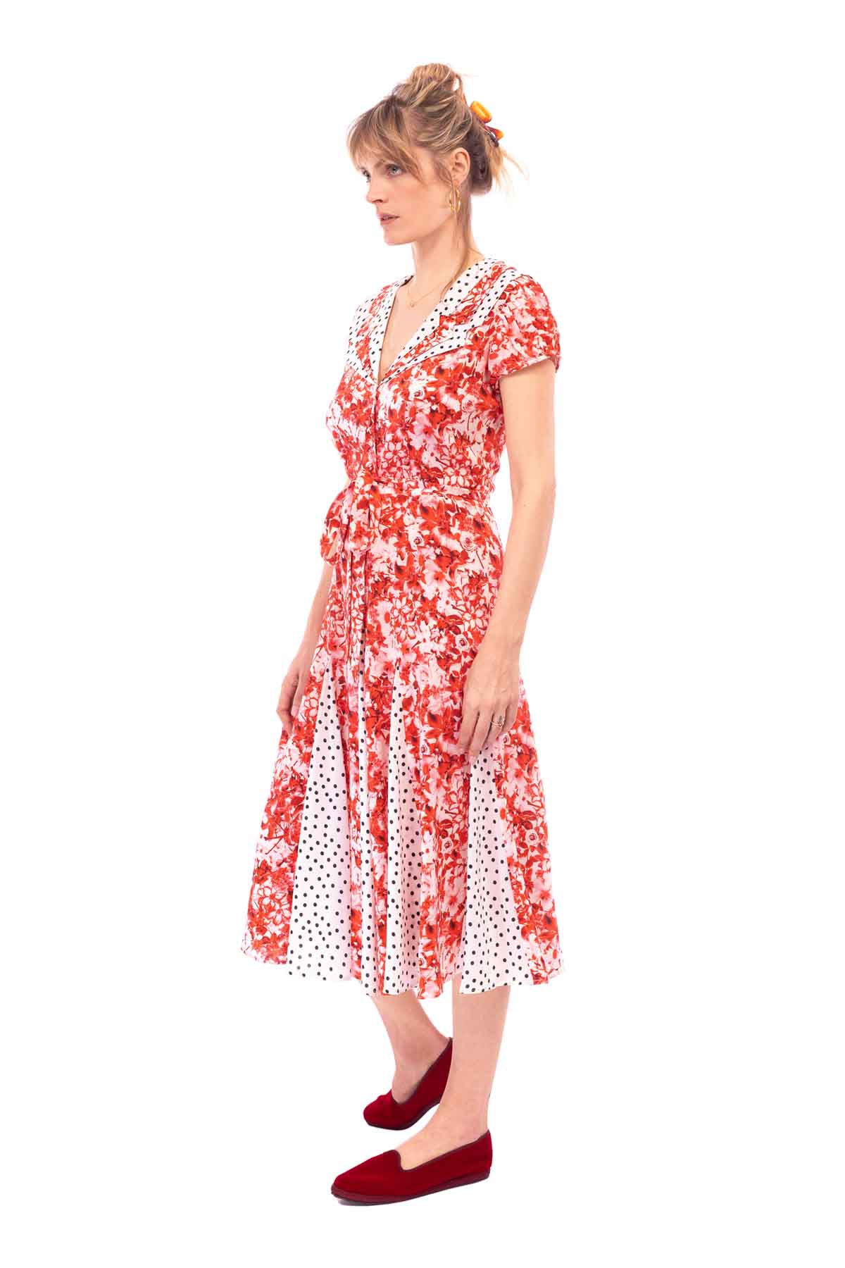 Tri Collar Silk Dress - Pink Floral