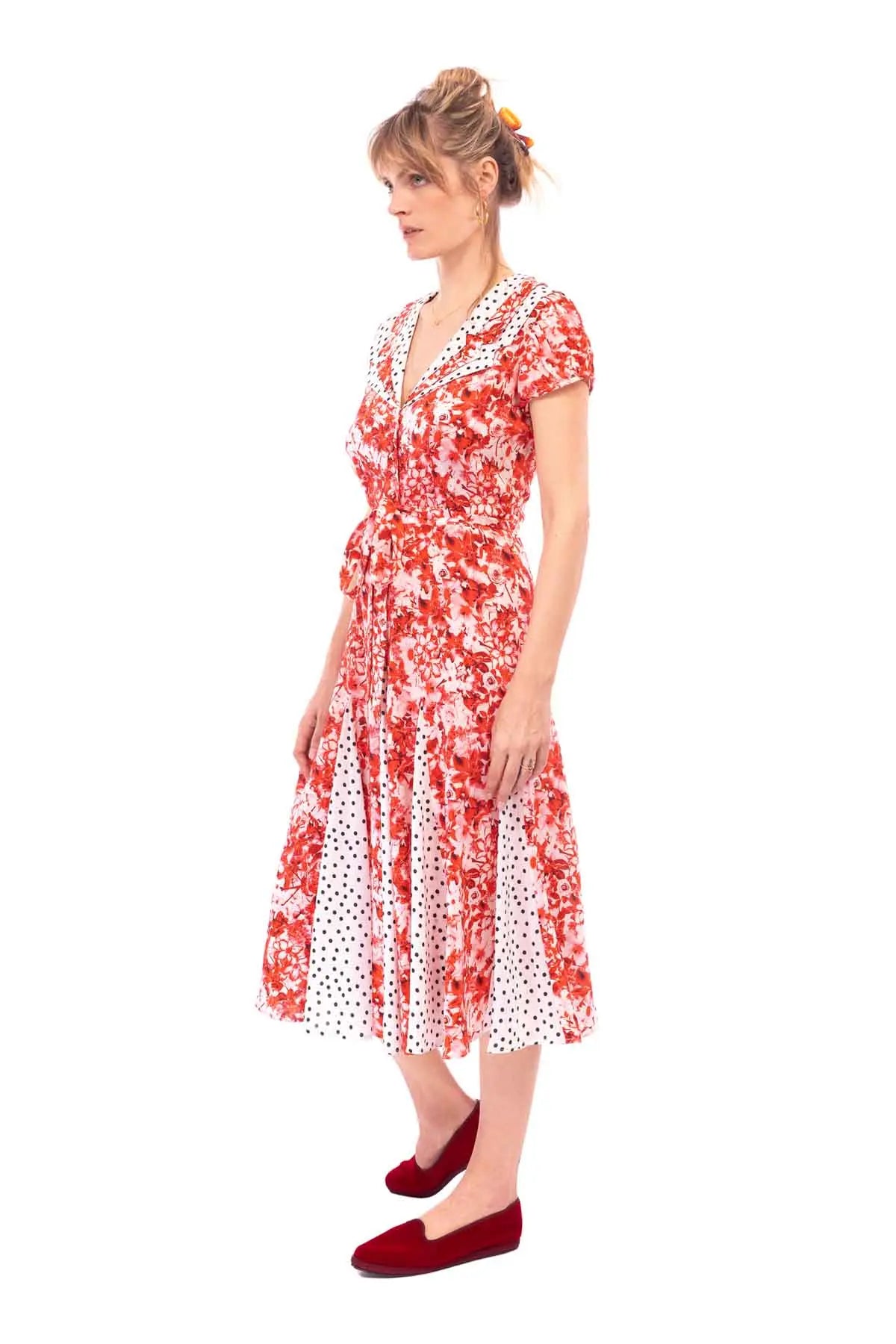 Tri Collar Silk Dress - Pink Floral Debonnaire
