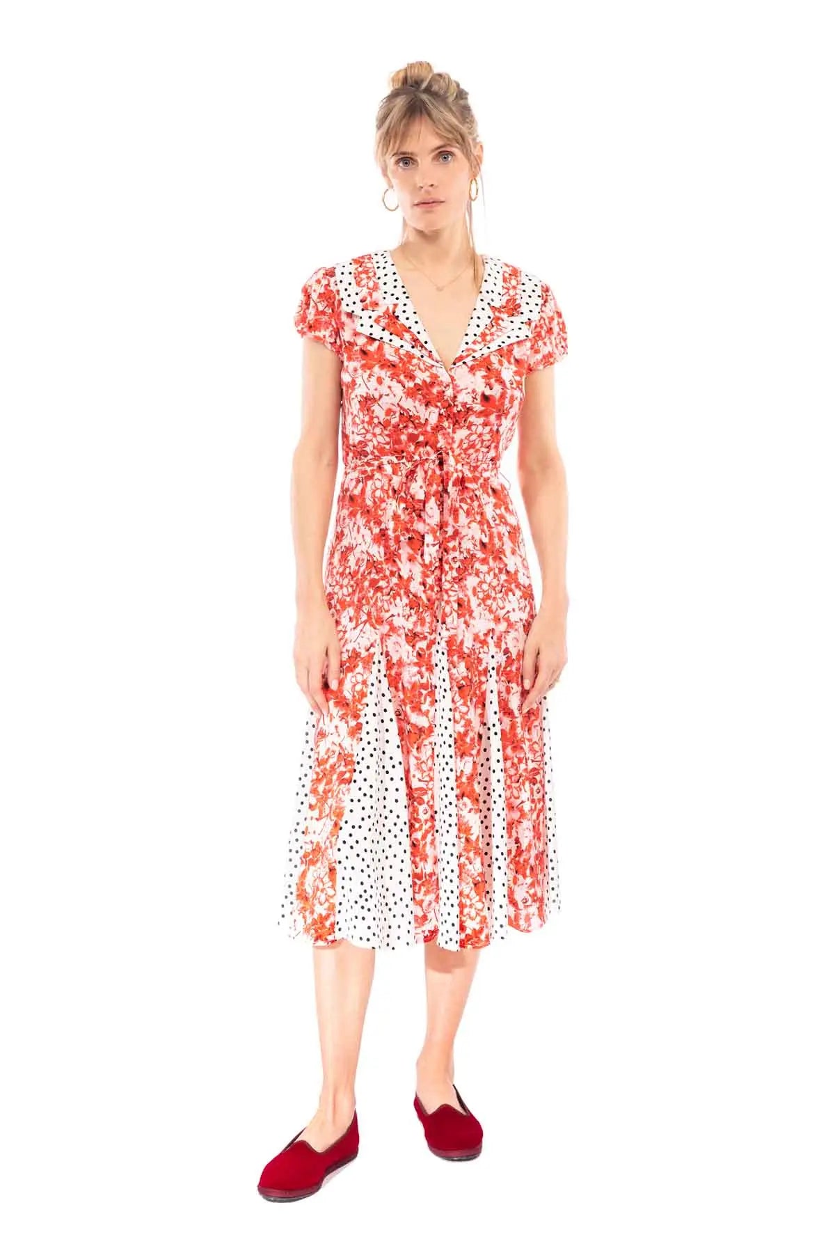 Tri Collar Silk Dress - Pink Floral Debonnaire