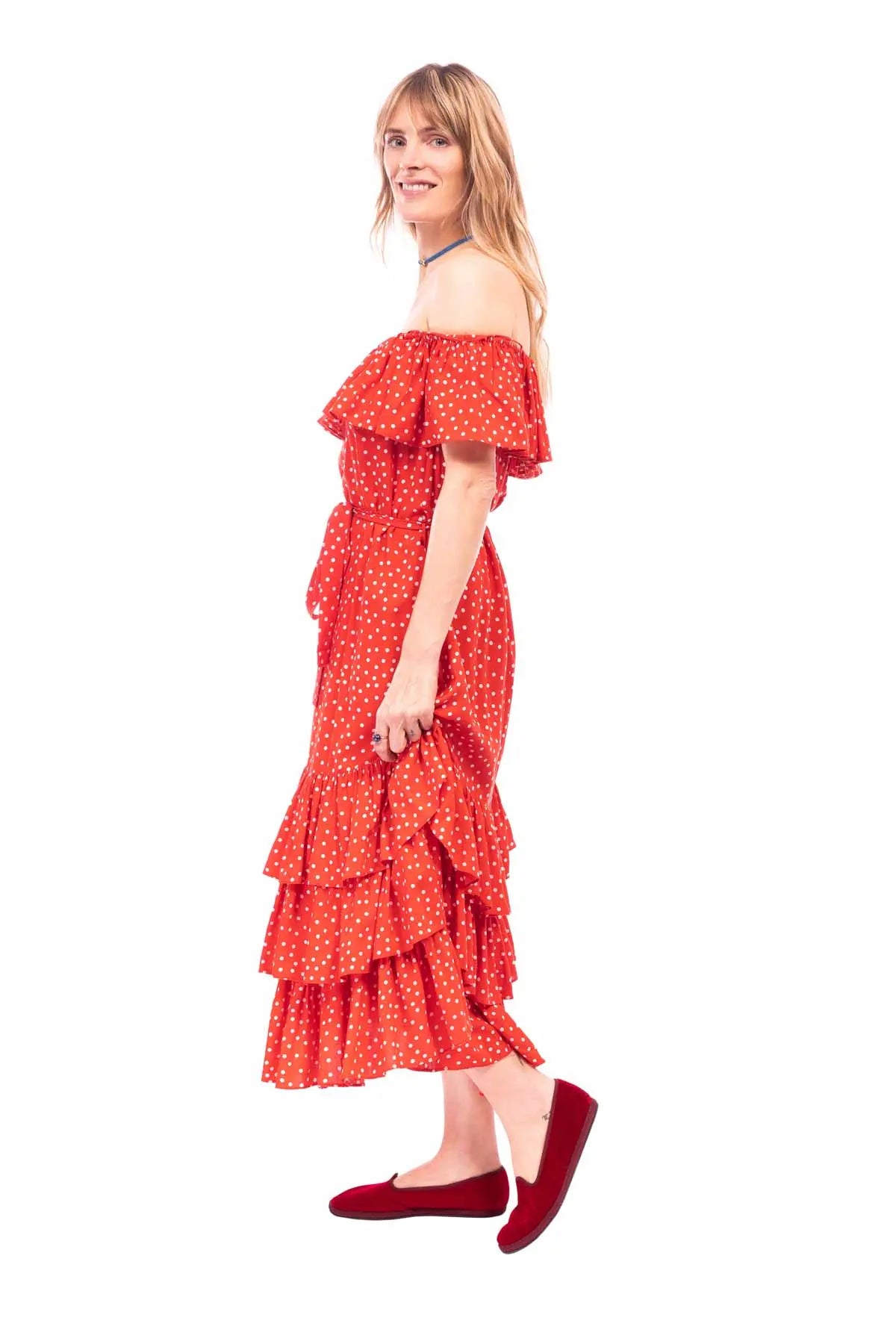Off Shoulder Ruffle Dress - Polka Dot Debonnaire