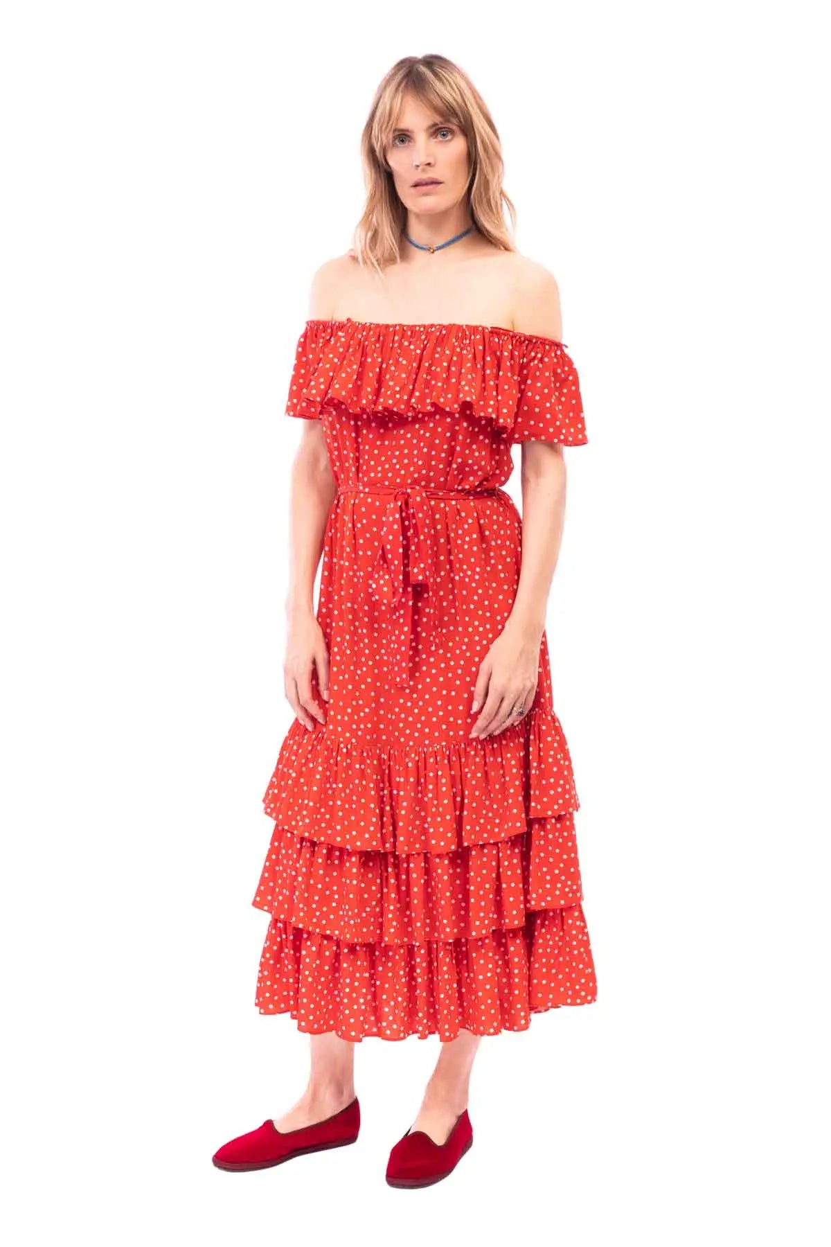 Off Shoulder Ruffle Dress - Polka Dot Debonnaire