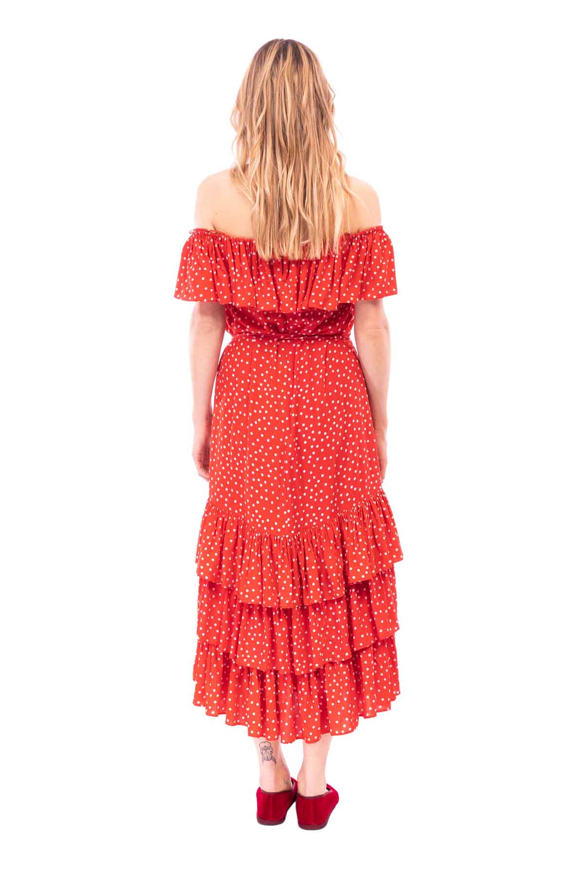 Off Shoulder Ruffle Dress - Polka Dot