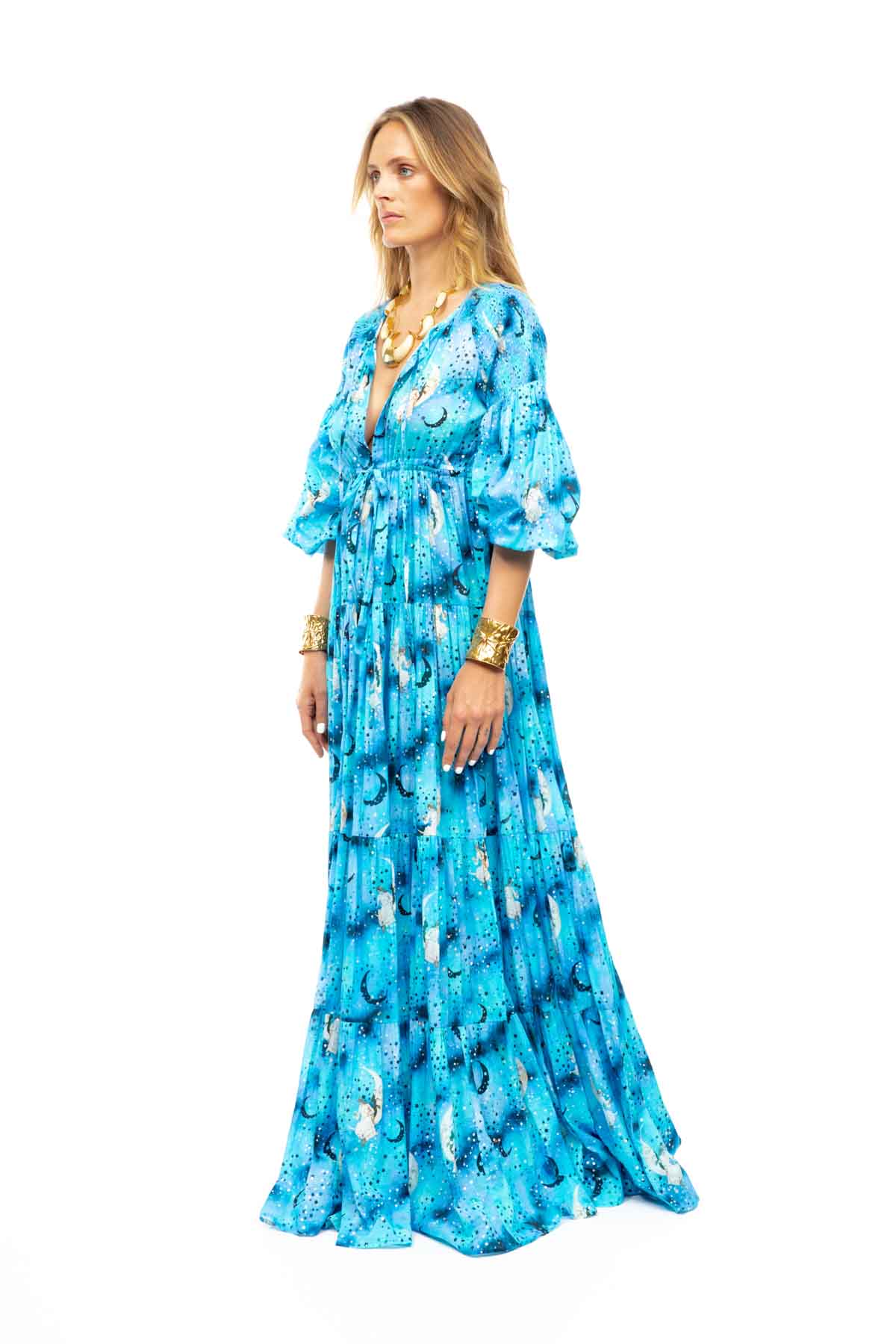 Long Cotton Sun Dress - Blue
