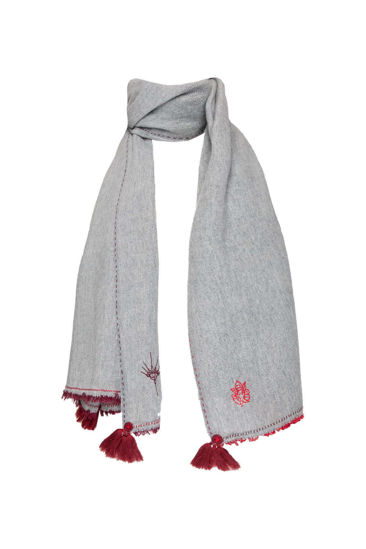 Meditation Shawl - Mid Grey with Dark Red Tassels