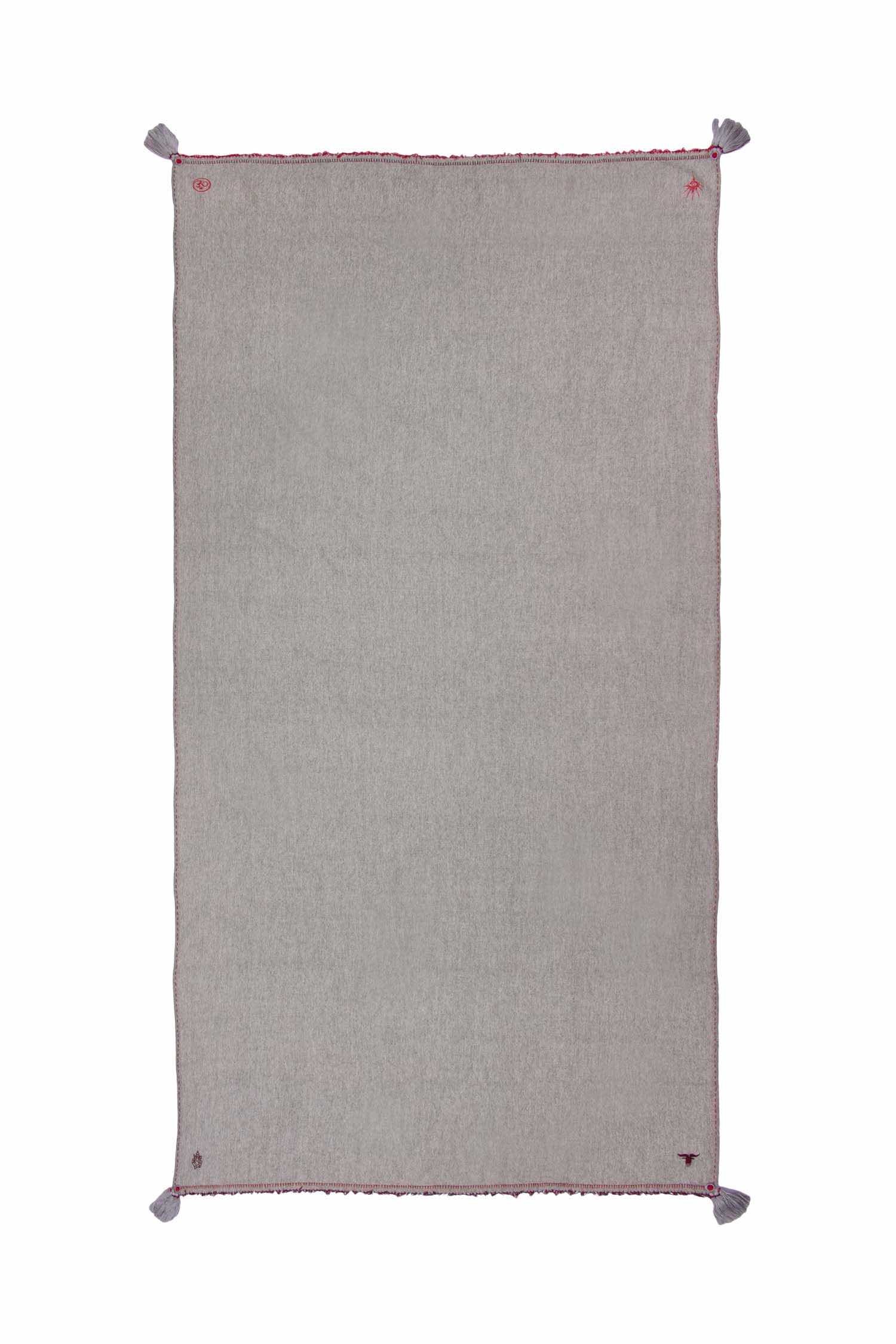 Meditation Shawl - Mid Grey with Dark Red Tassels