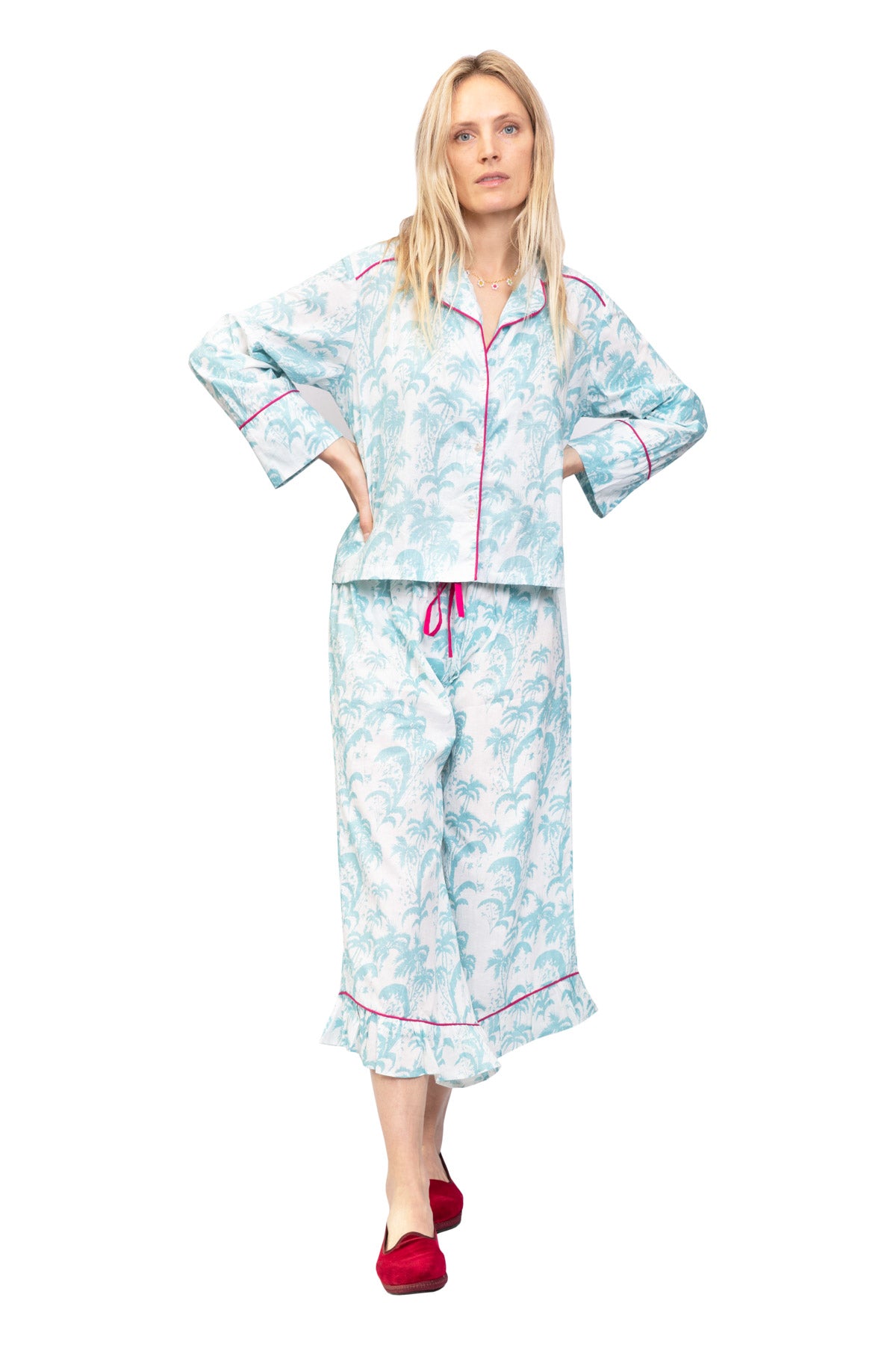 Frill Women's Cotton Pyjamas - Turquoise