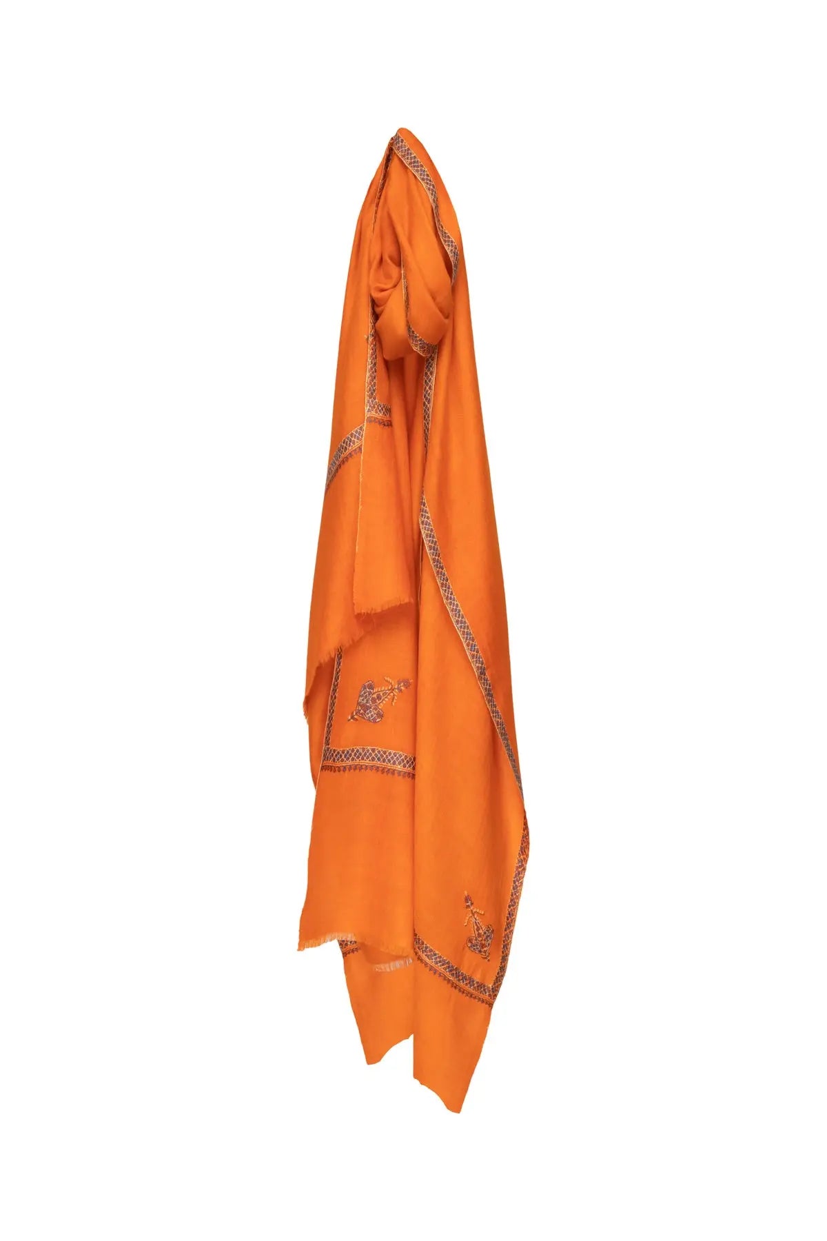 Border Embroidered Cashmere Pashmina Shawl - Bright Orange Debonnaire