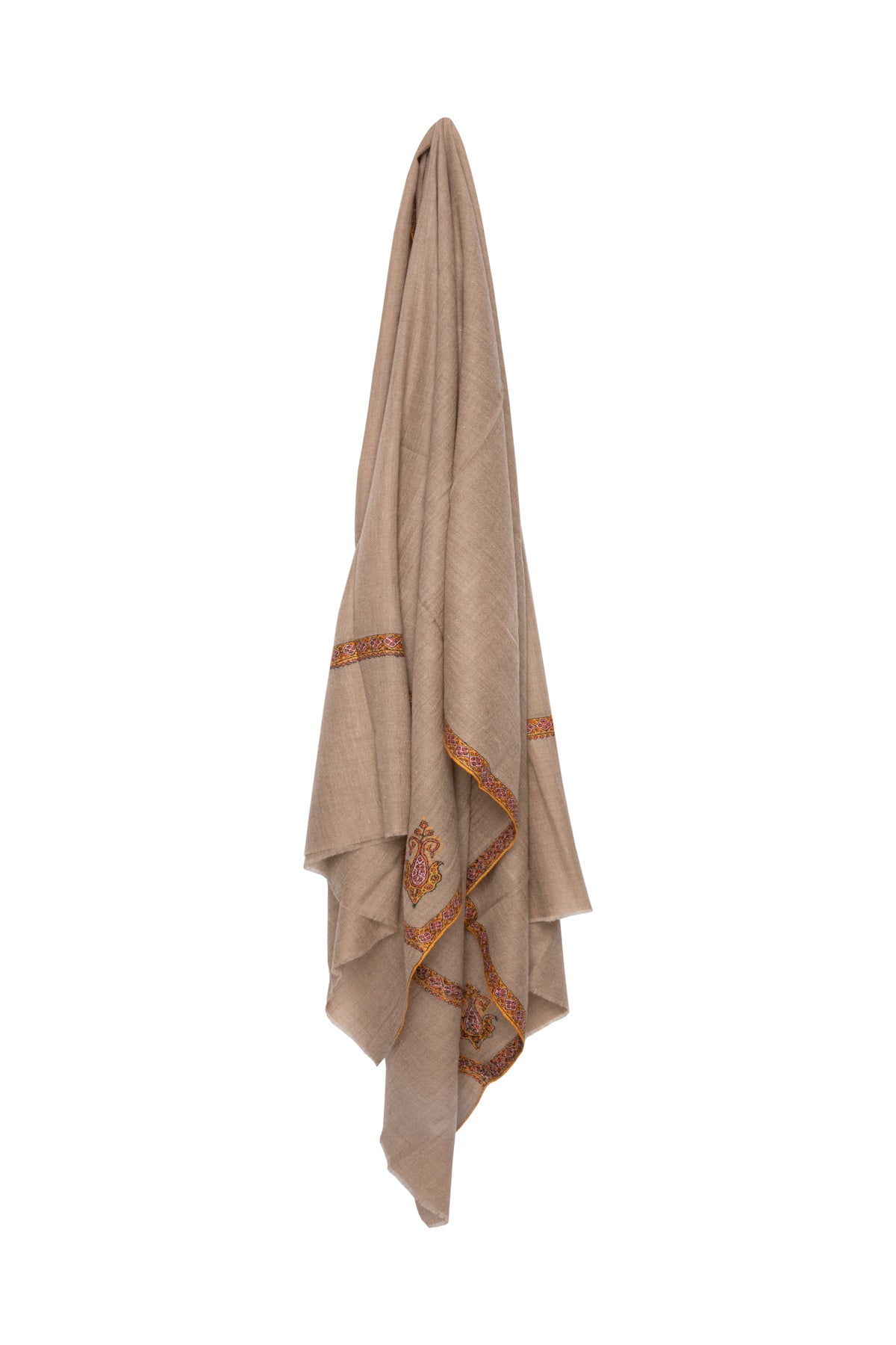 Border Embroidered Cashmere Pashmina Shawl - Taupe & Orange