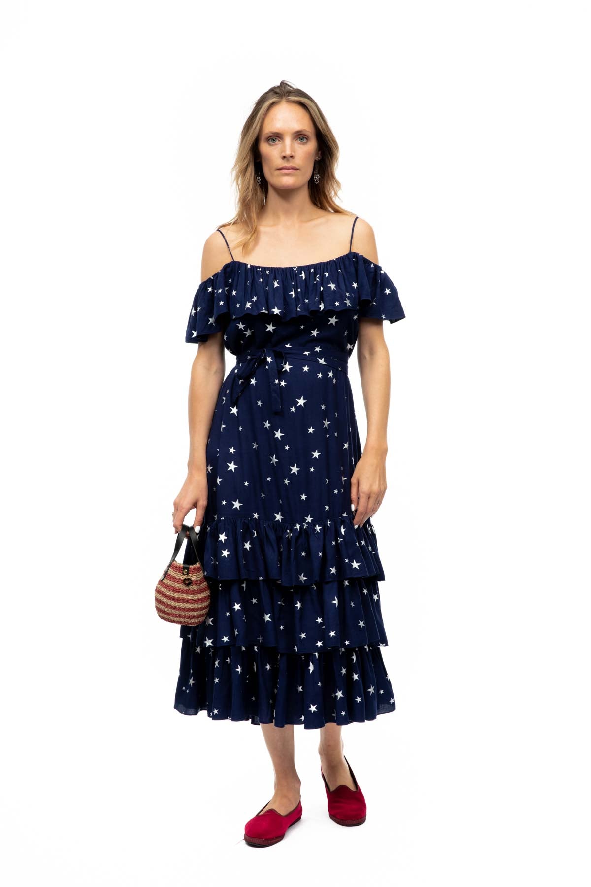 Off Shoulder Ruffle Dress - Navy Star