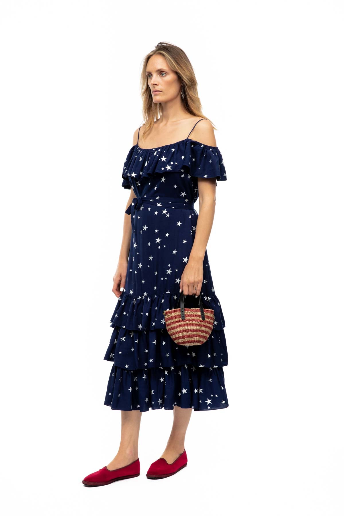 Off Shoulder Ruffle Dress - Navy Star