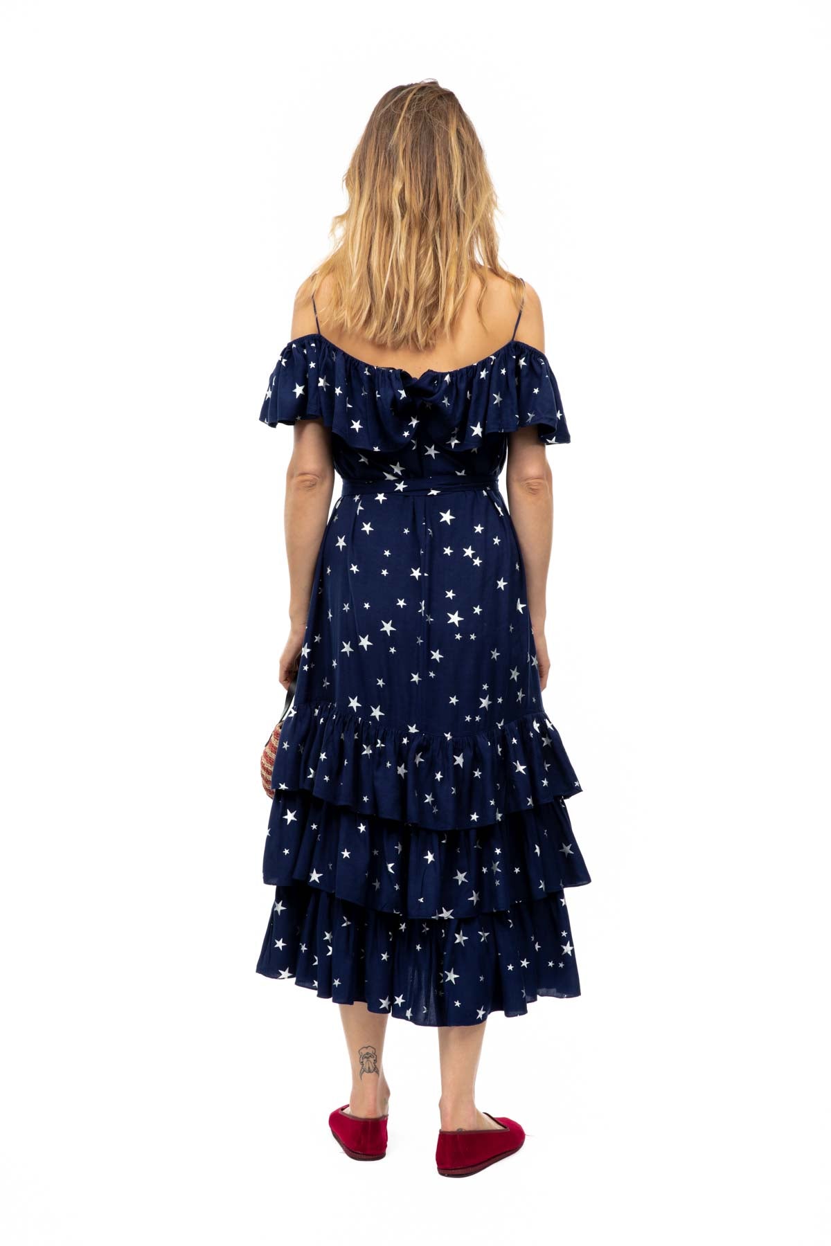 Off Shoulder Ruffle Dress - Navy Star