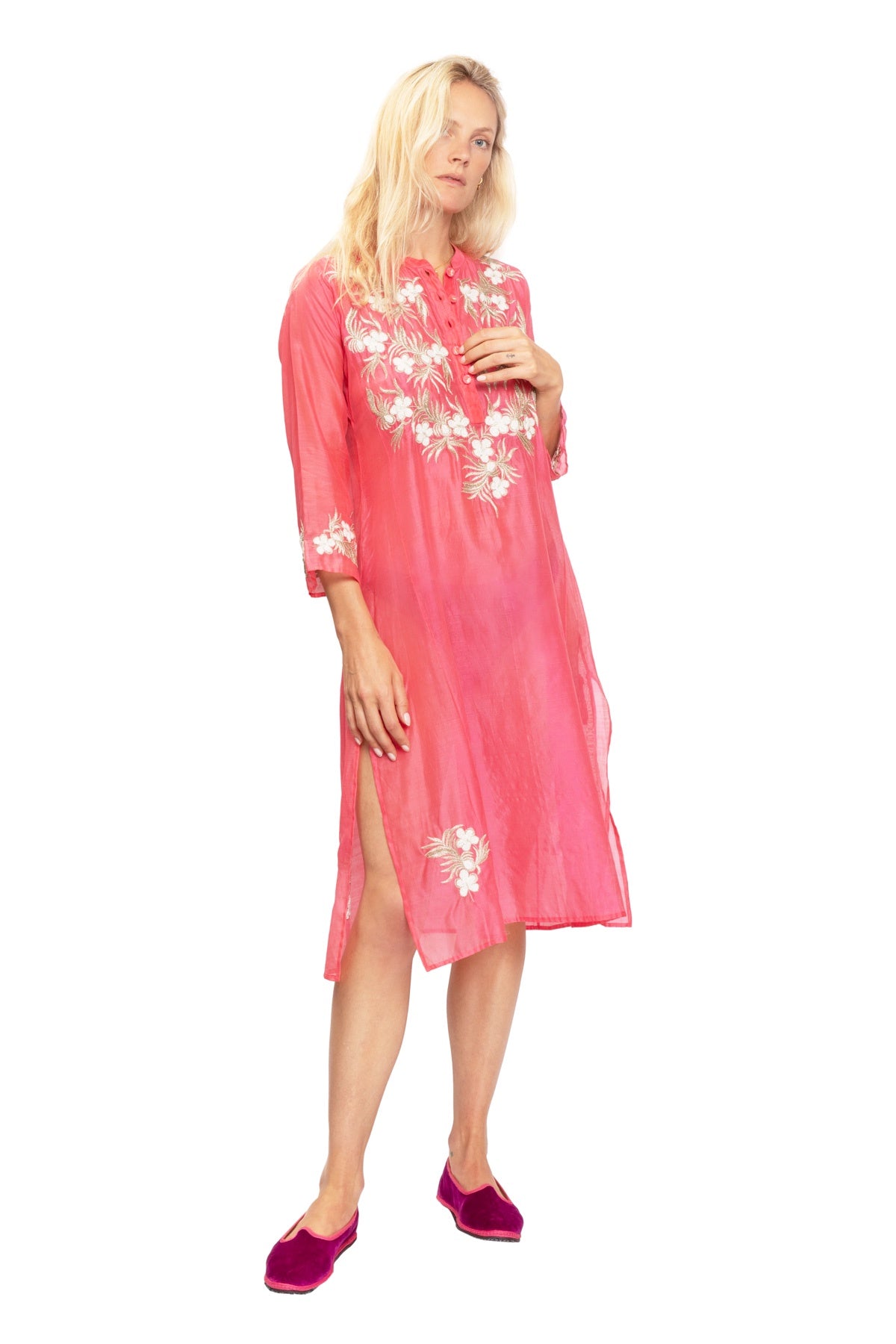 Silk Weave Embroidered Kurta - Coral