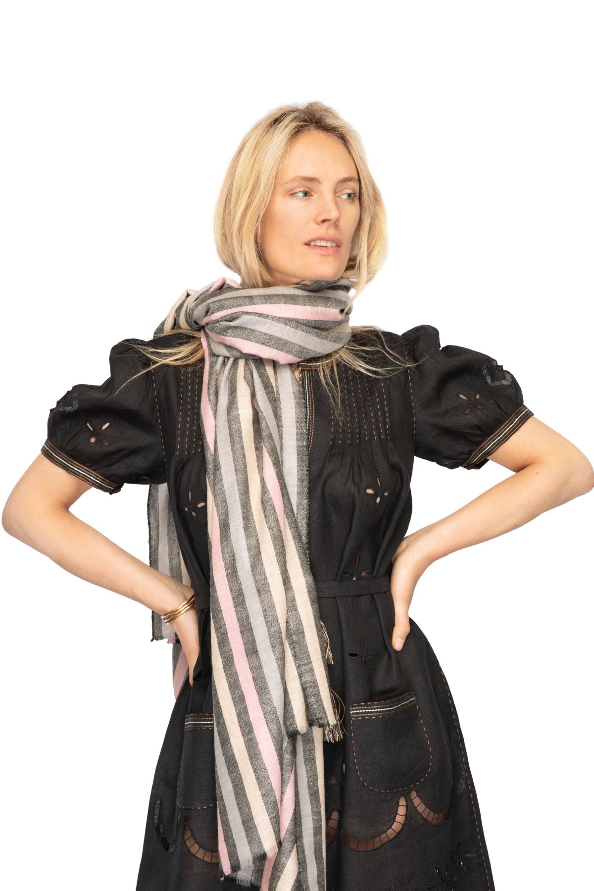 Multi stripe Pashmina Shawl- Pink, Black & Grey