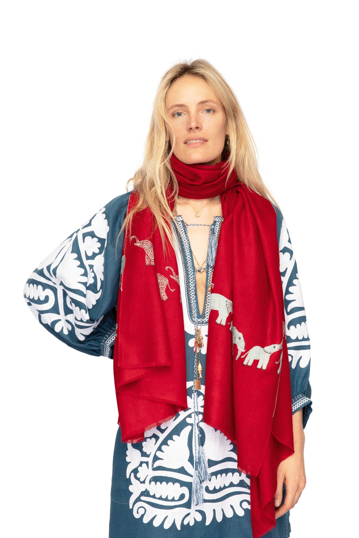 Elephant Embroidered Pashmina - Red & Grey