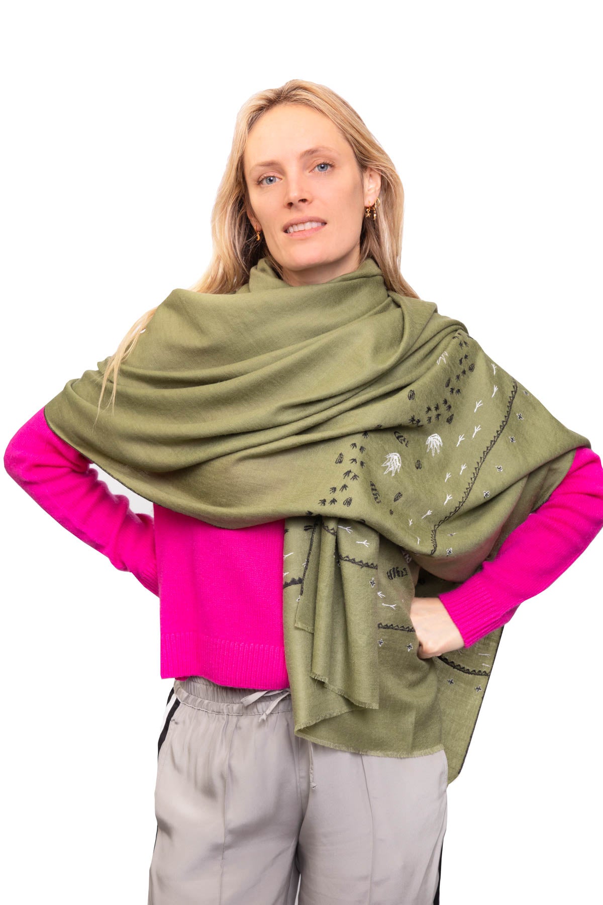 Footprints Embroidered Pashmina Shawl - Green