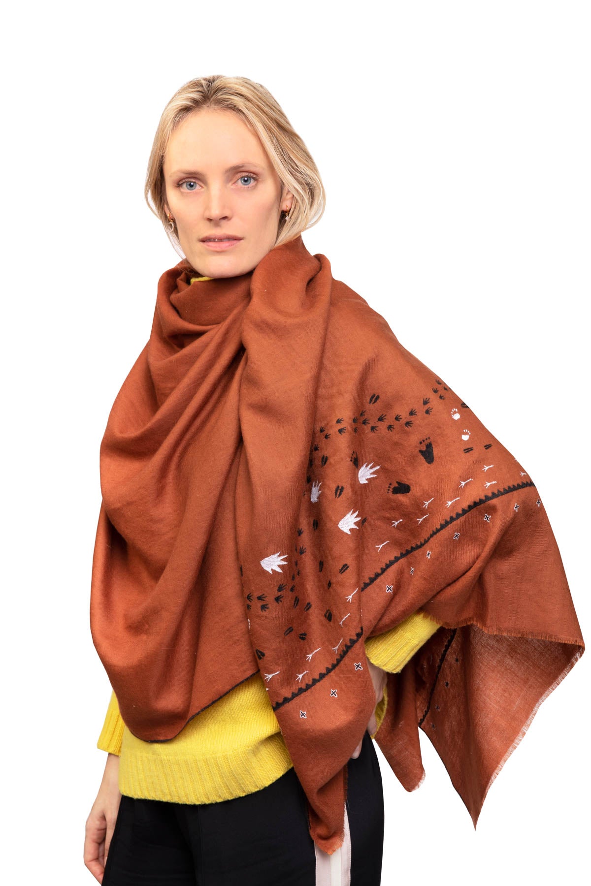 Footprints Embroidered Pashmina Shawl - Brown