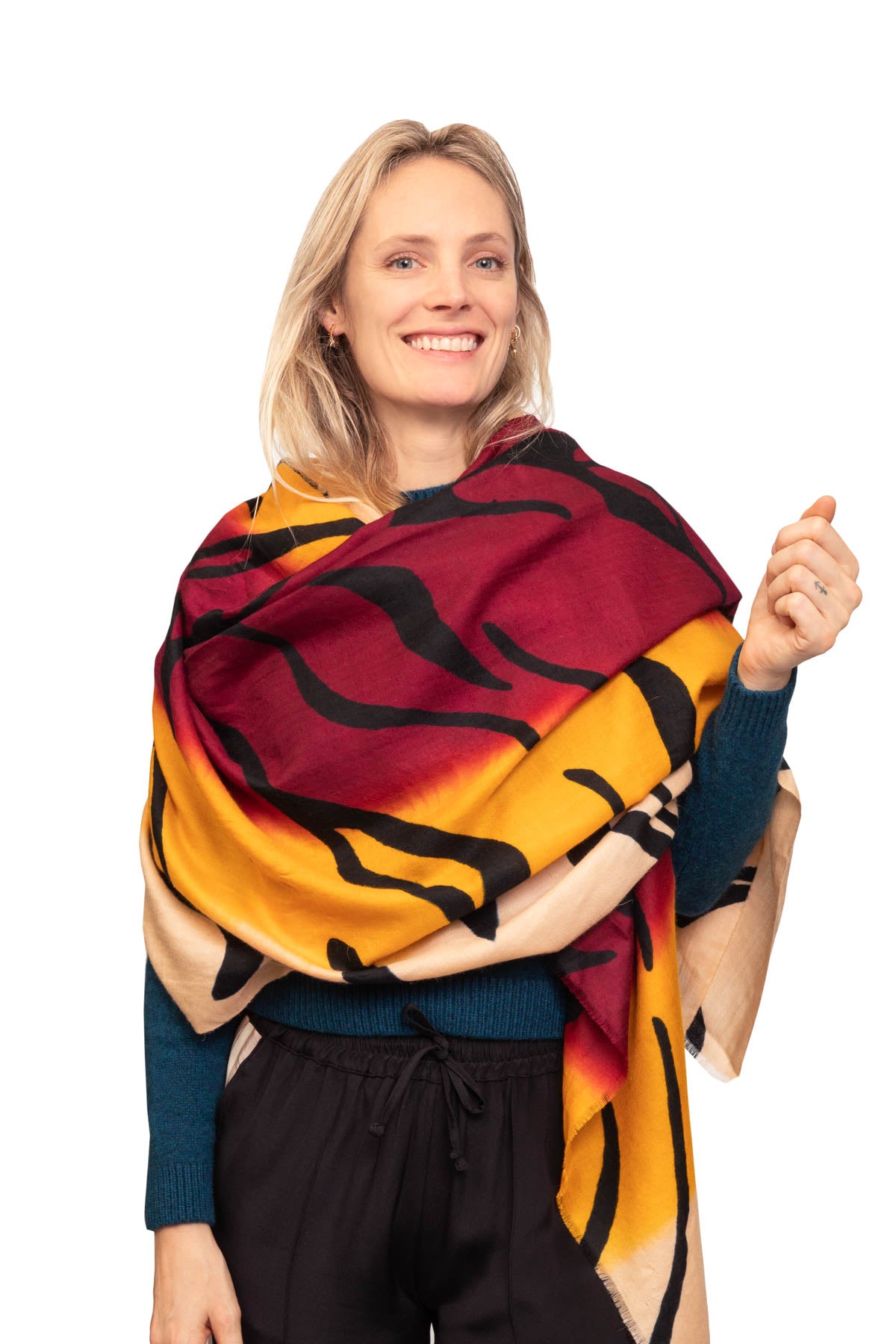 Tiger Hand-painted Ombres Shawl - Red, White & Orange