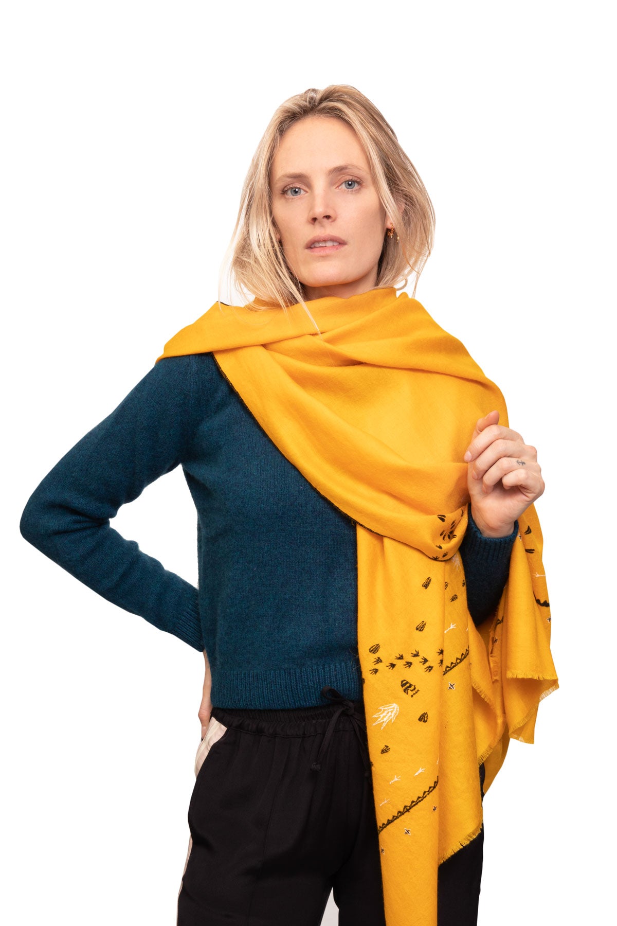 Footprints Embroidered Pashmina Shawl - Yellow