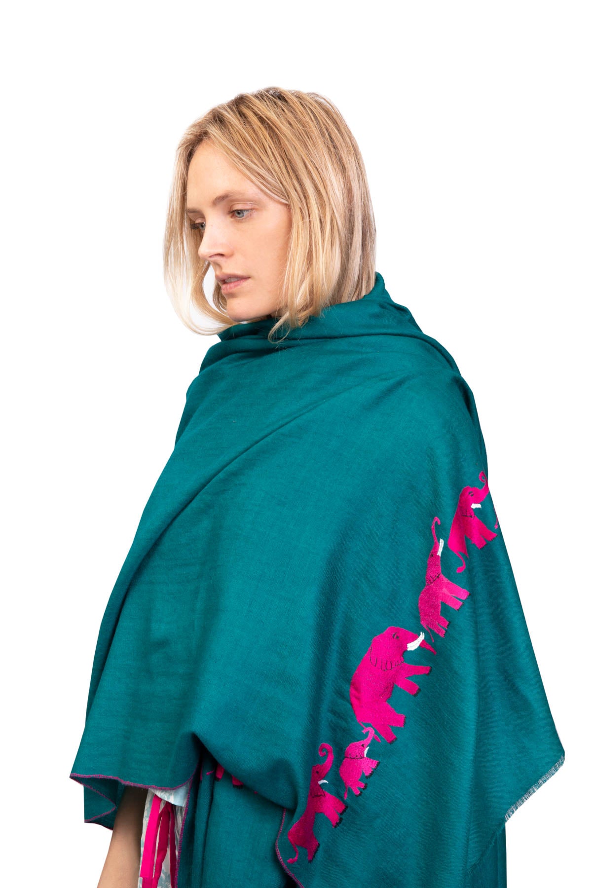 Elephant Embroidered Pashmina - Blue & Pink