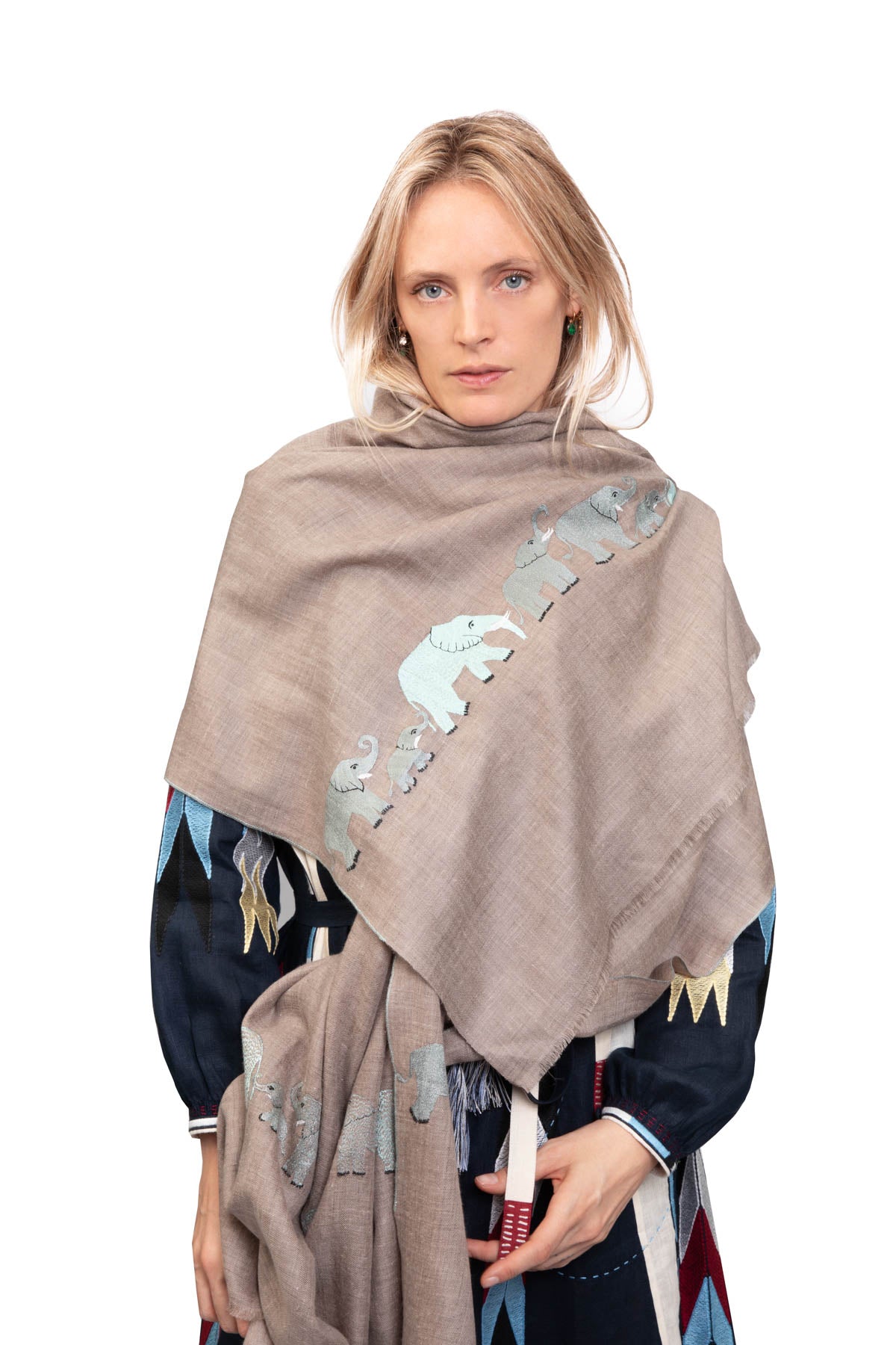 Elephant Embroidered Pashmina - Beige & Light Blue