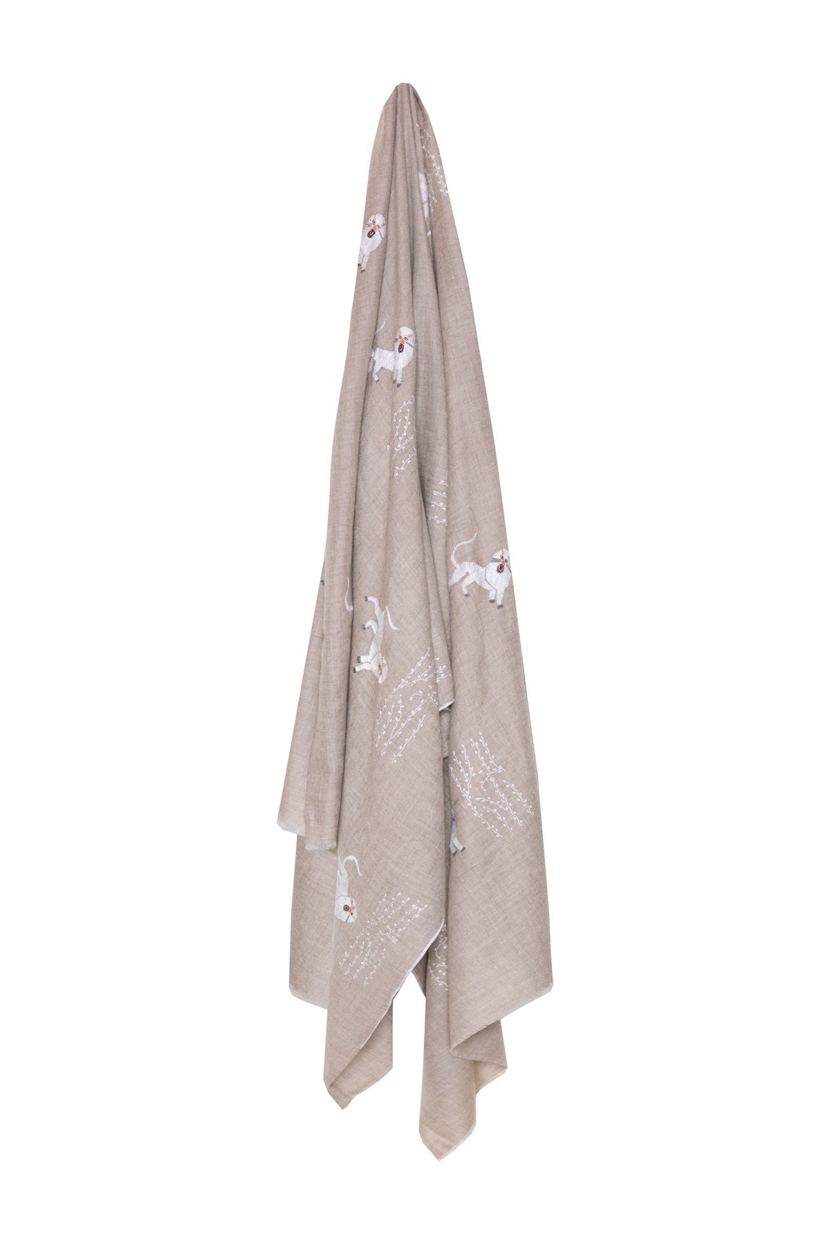 Lion Embroidered Pashmina Shawl - Taupe