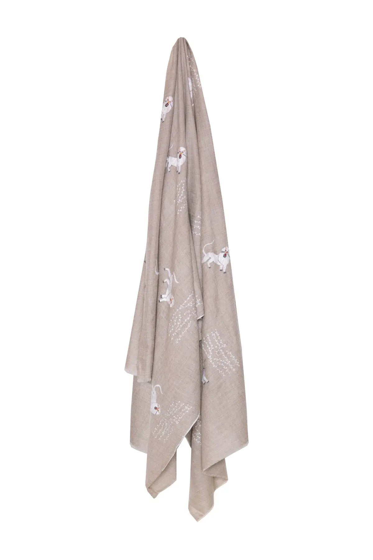 Lion Embroidered Pashmina Shawl - Taupe Debonnaire