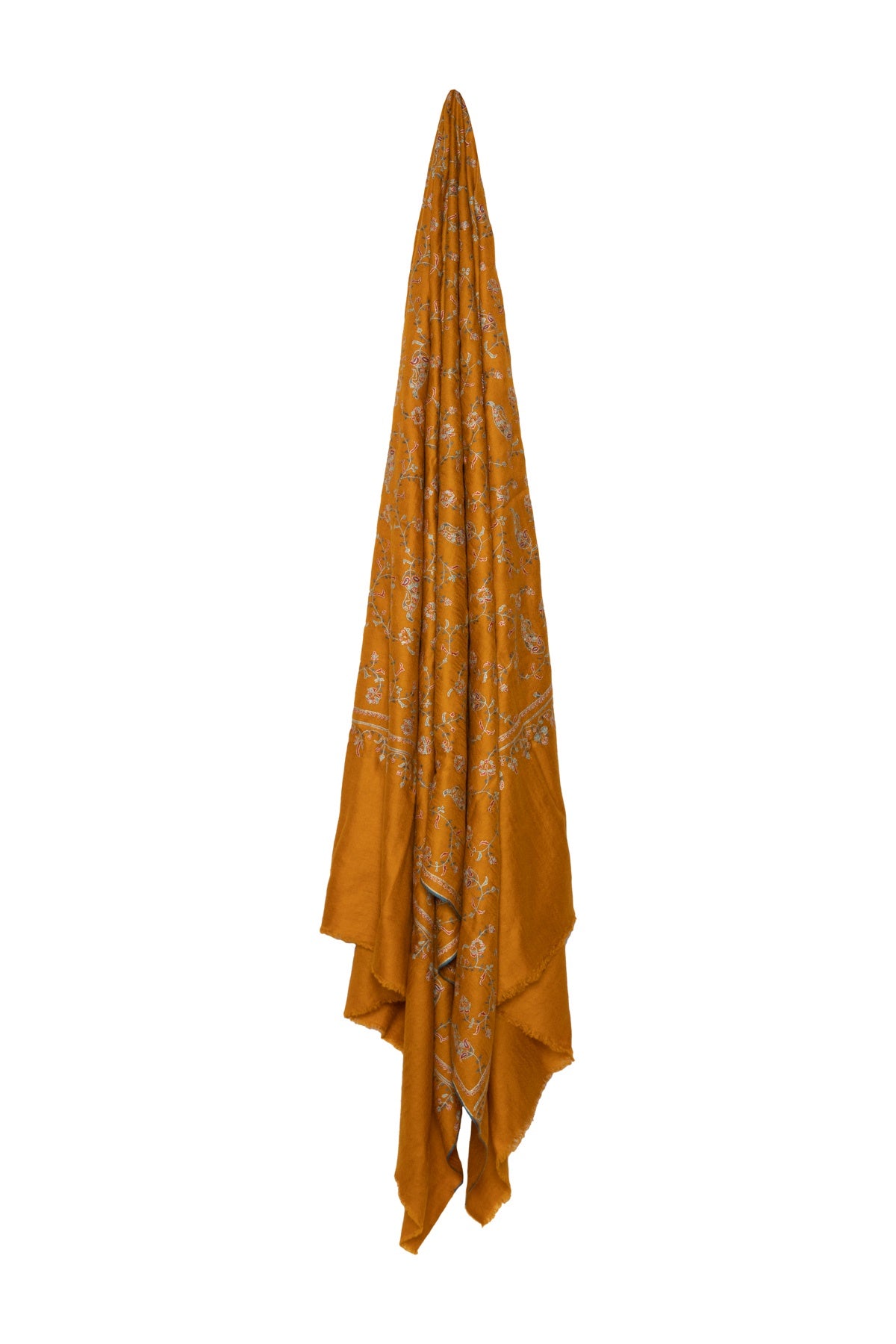 Full Floral Embroidered Pashmina Shawl - Mustard & Green