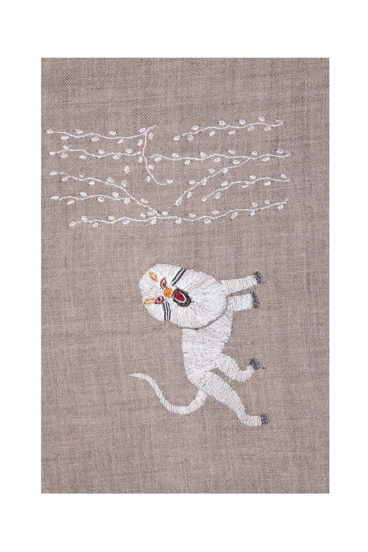 Lion Embroidered Pashmina Shawl - Taupe Debonnaire